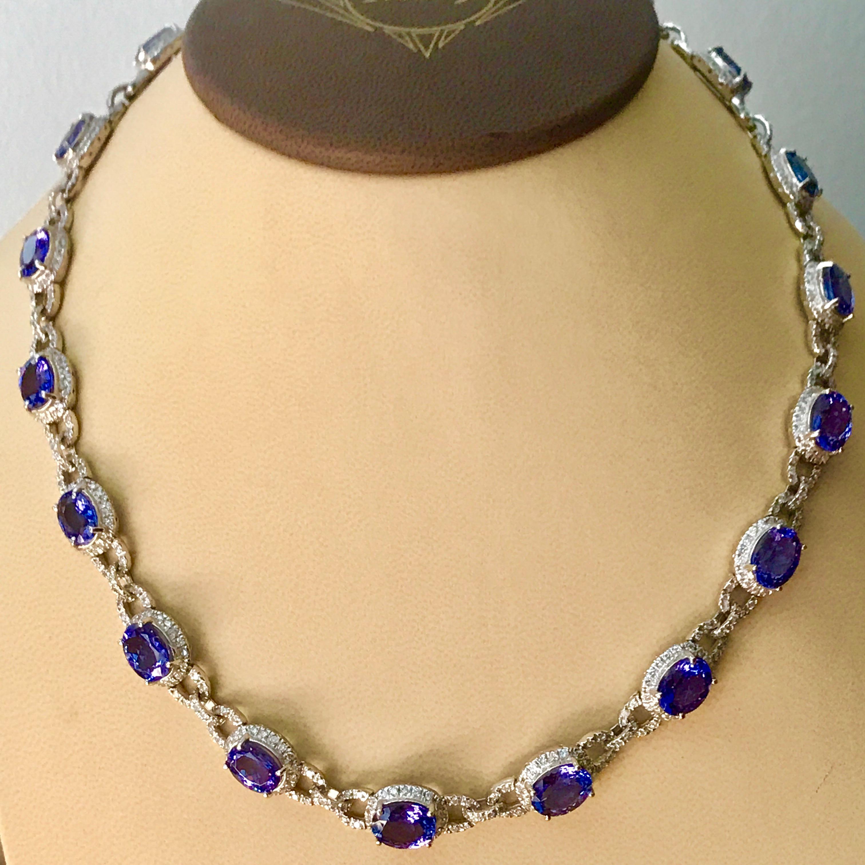 Women's 47 Carat Oval Tanzanite and 8 Carat Diamonds Necklace 18 Karat White Gold Estate For Sale