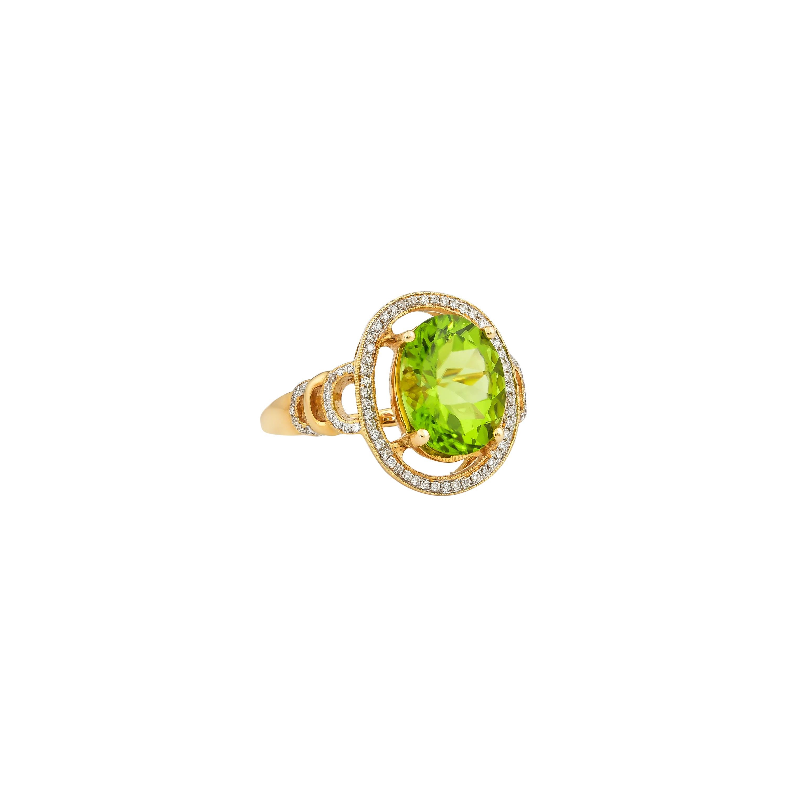 This collection features an array of pretty peridot rings! Accented with diamonds these rings are made in yellow gold and present a vibrant and fresh look. 

Classic peridot ring in 18K yellow gold with diamonds. 

Peridot: 4.76 carat oval