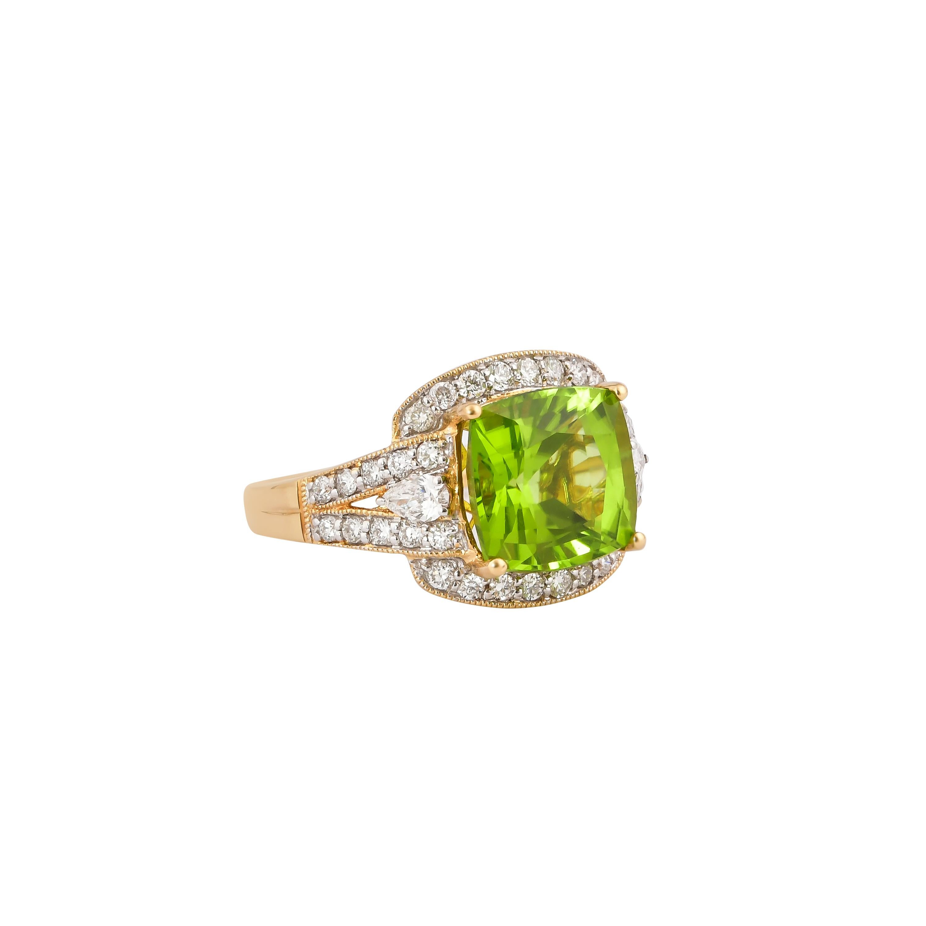This collection features an array of pretty peridot rings! Accented with diamonds these rings are made in yellow gold and present a vibrant and fresh look. 

Classic peridot ring in 18K yellow gold with diamonds. 

Peridot: 4.79 carat cushion