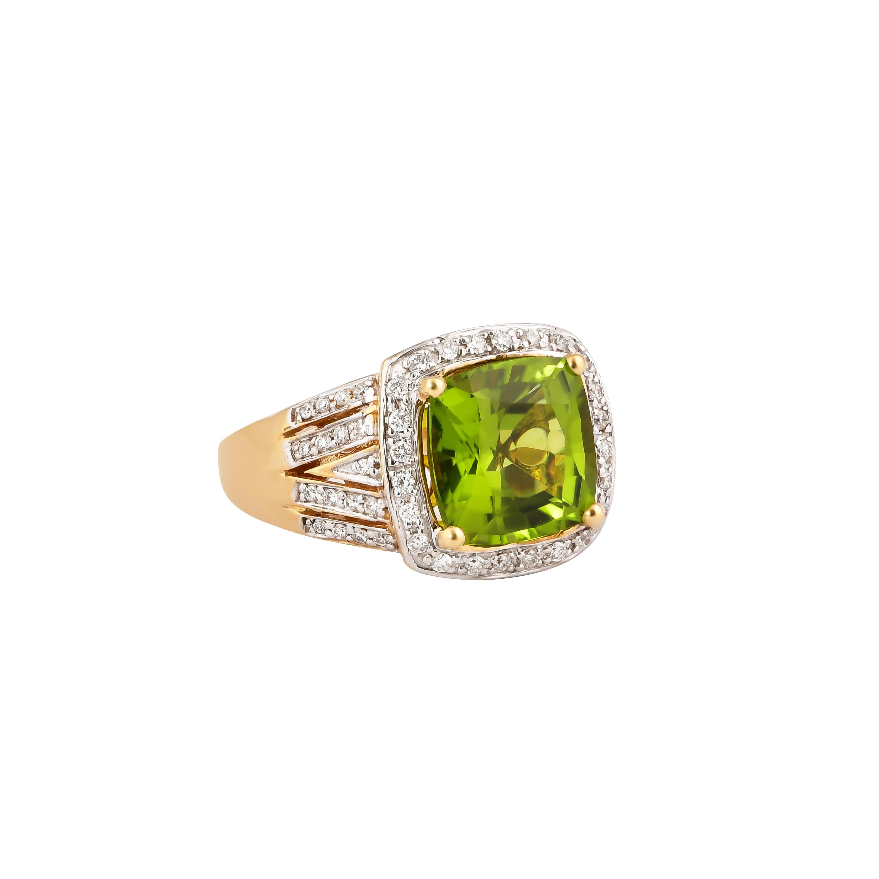 This collection features an array of pretty peridot rings! Accented with diamonds these rings are made in yellow gold and present a vibrant and fresh look. 

Classic peridot ring in 18K yellow gold with diamonds. 

Peridot: 4.760 carat cushion