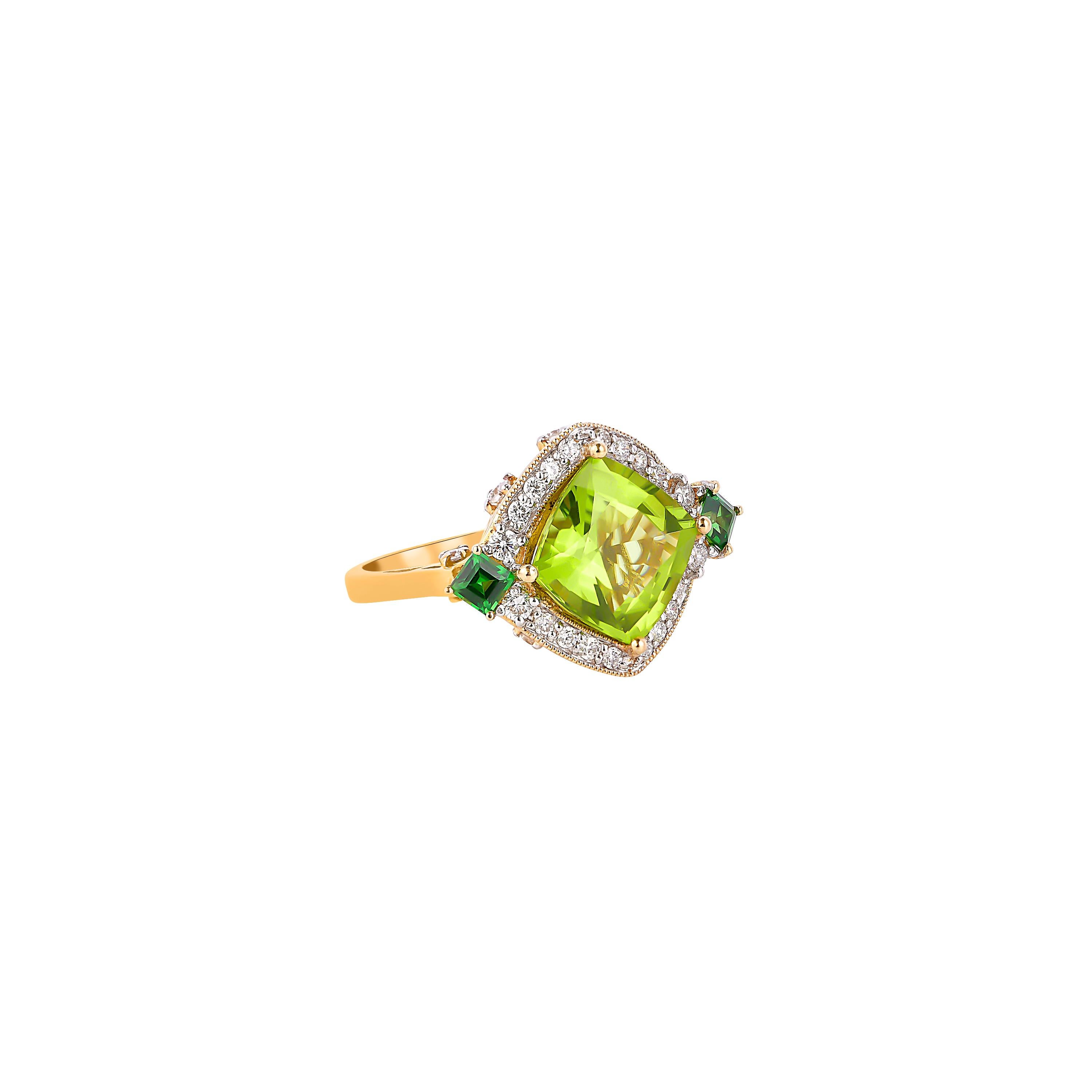 This collection features an array of pretty peridot rings! Accented with diamonds these rings are made in yellow gold and present a vibrant and fresh look. 

Classic peridot ring in 18K yellow gold with diamonds. 

Peridot: 4.75 carat cushion