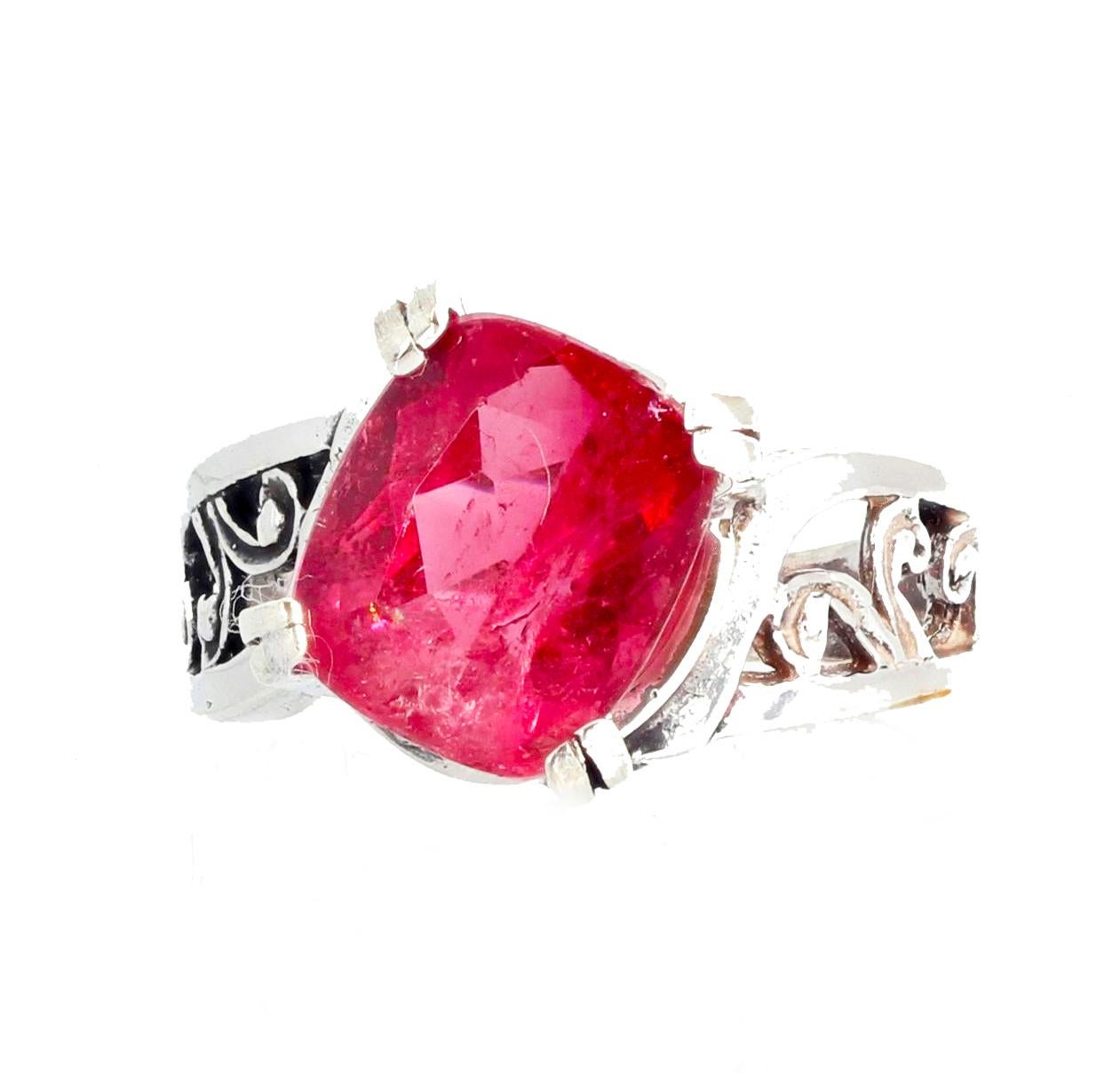 AJD Magnificently Sparkling 4.7 Ct PinkyRed Tourmaline Sterling Silver Ring For Sale 5