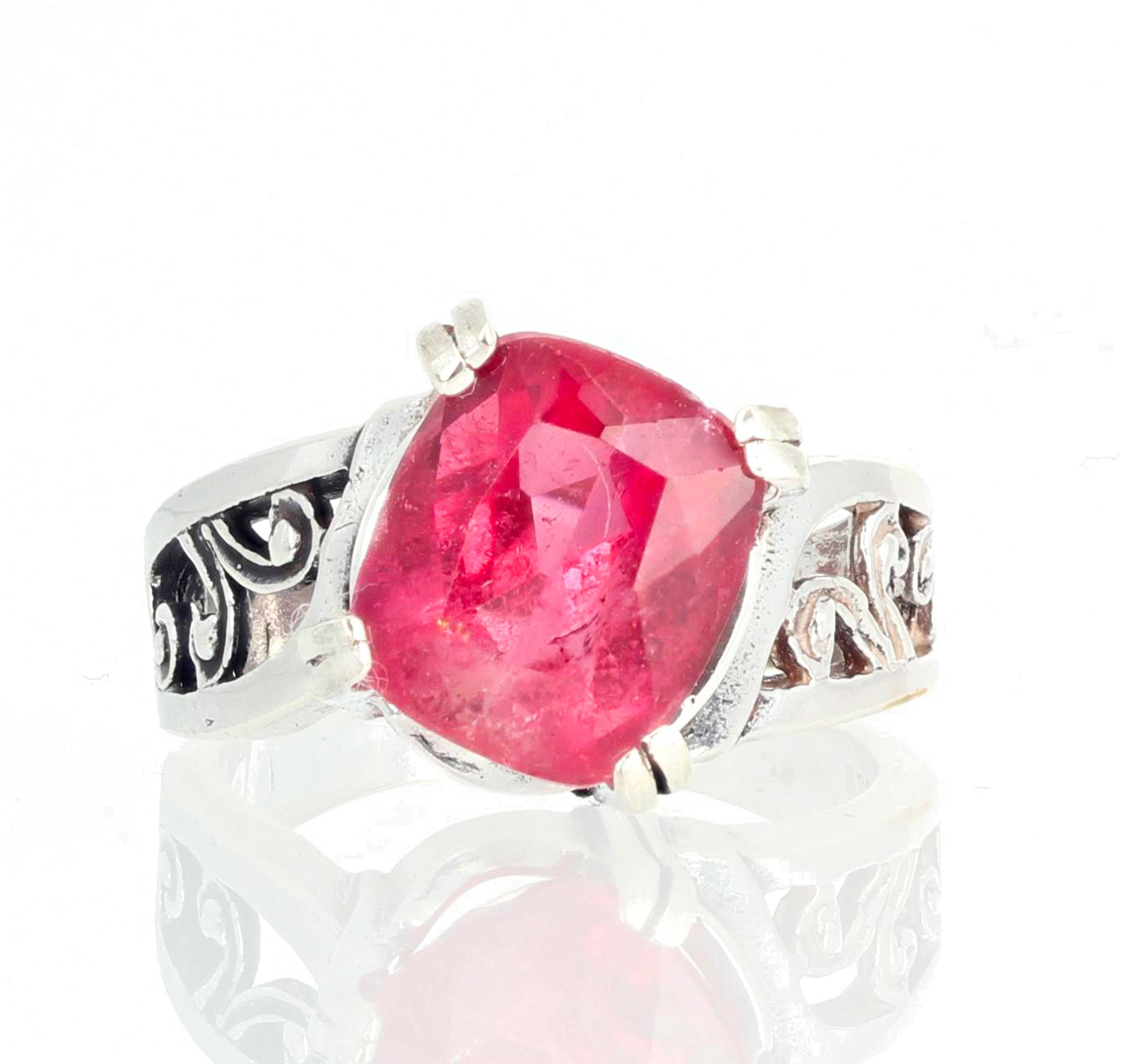 AJD Magnificently Sparkling 4.7 Ct PinkyRed Tourmaline Sterling Silver Ring For Sale 3