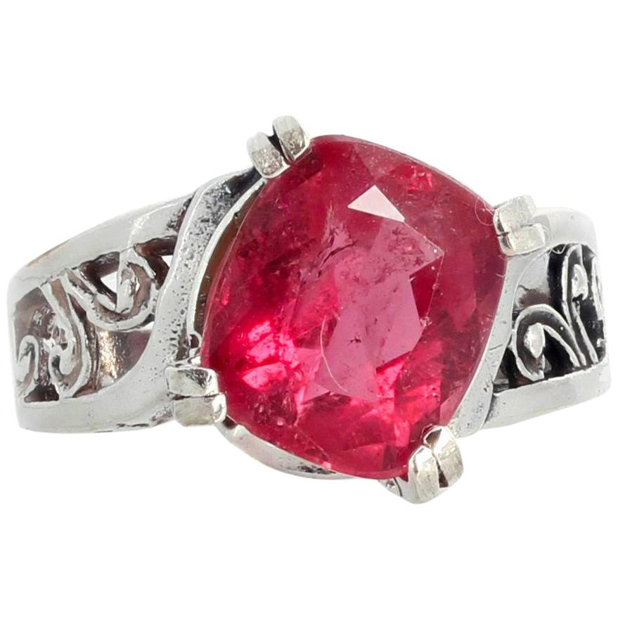 AJD Magnificently Sparkling 4.7 Ct PinkyRed Tourmaline Sterling Silver Ring For Sale