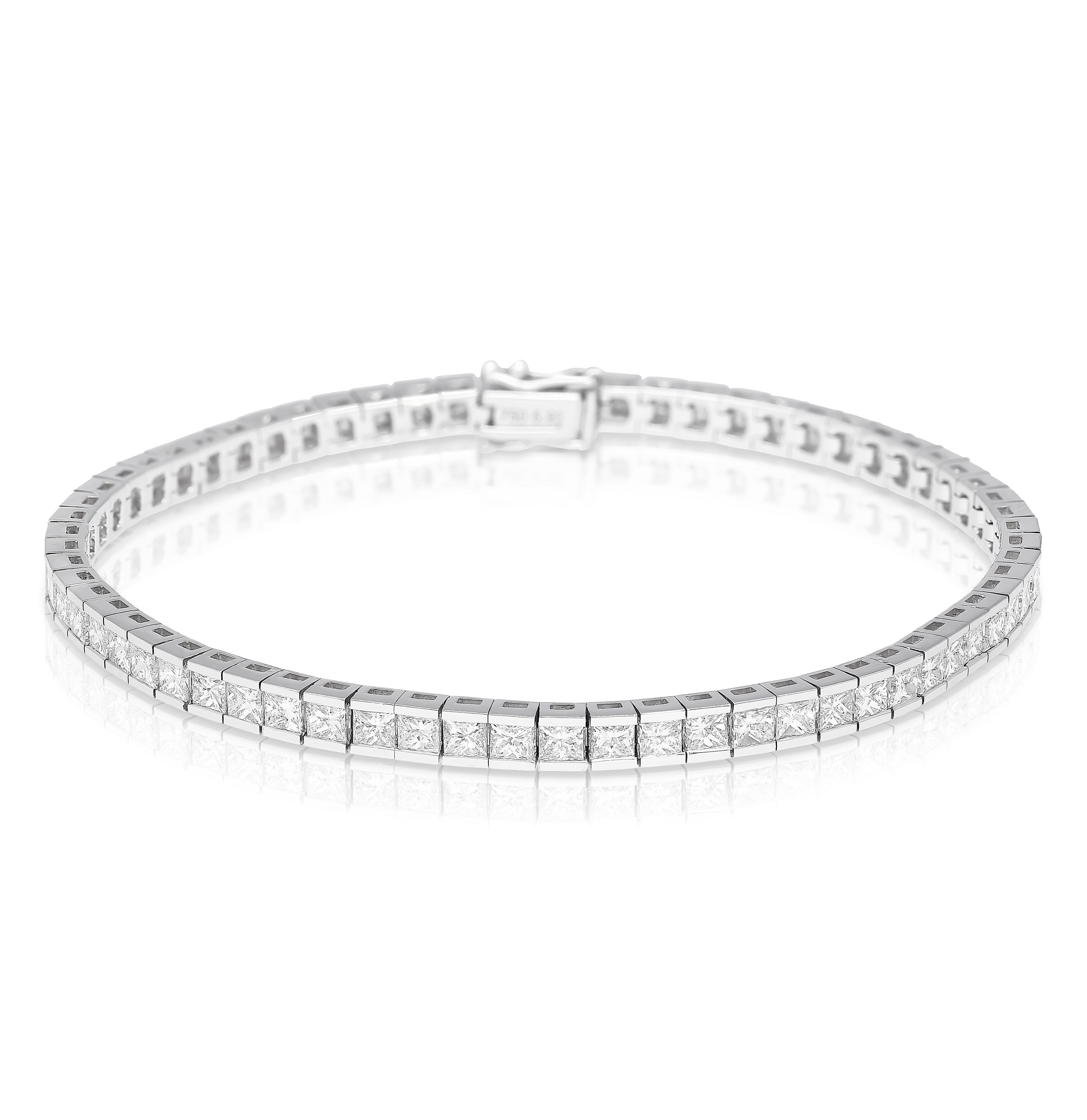 Women's or Men's 4.7 Carat Princess Cut Diamond Half Bezel Tennis Bracelet in 18K White Gold 7