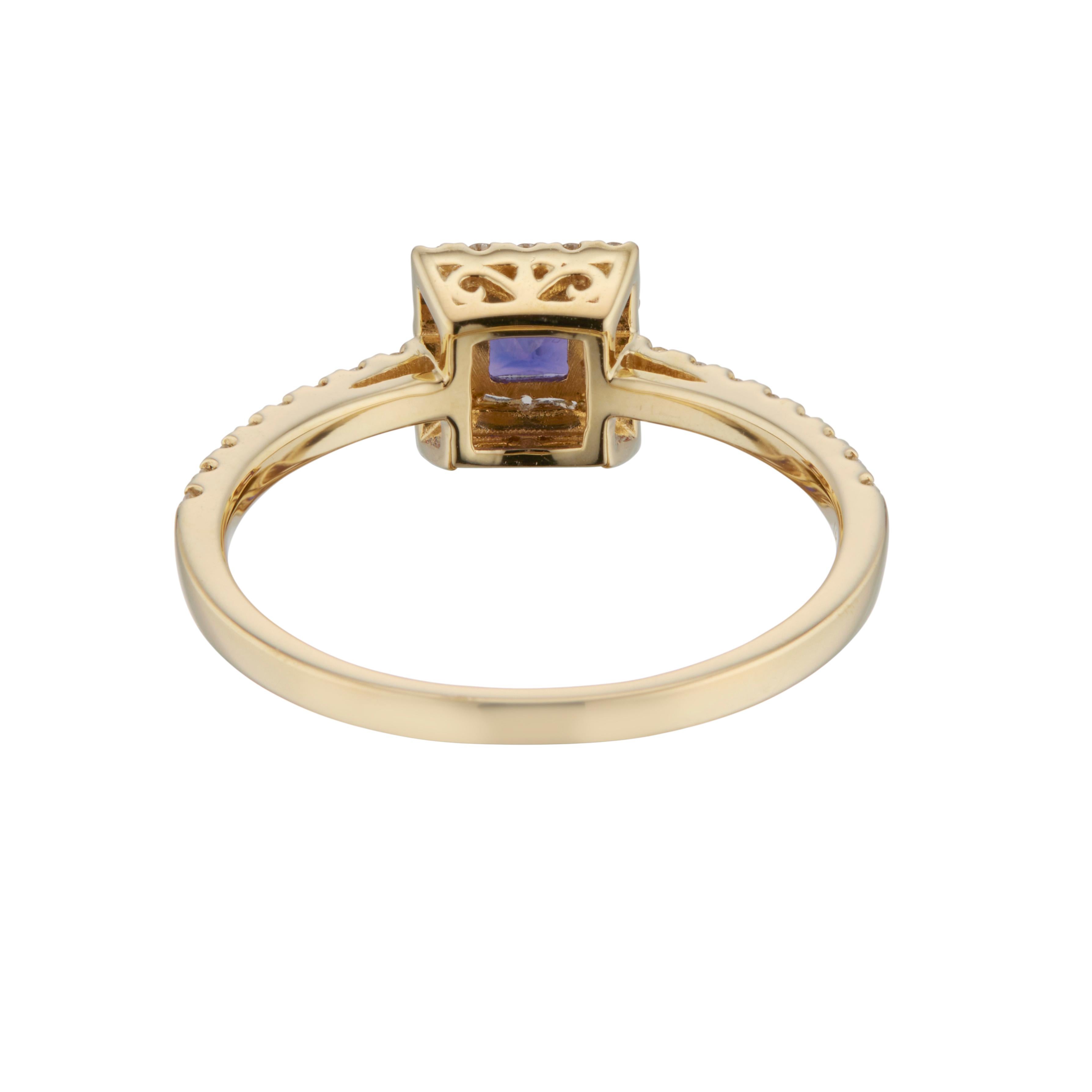 Square Cut .47 Carat Purple Sapphire Diamond Yellow Gold Engagement Ring For Sale