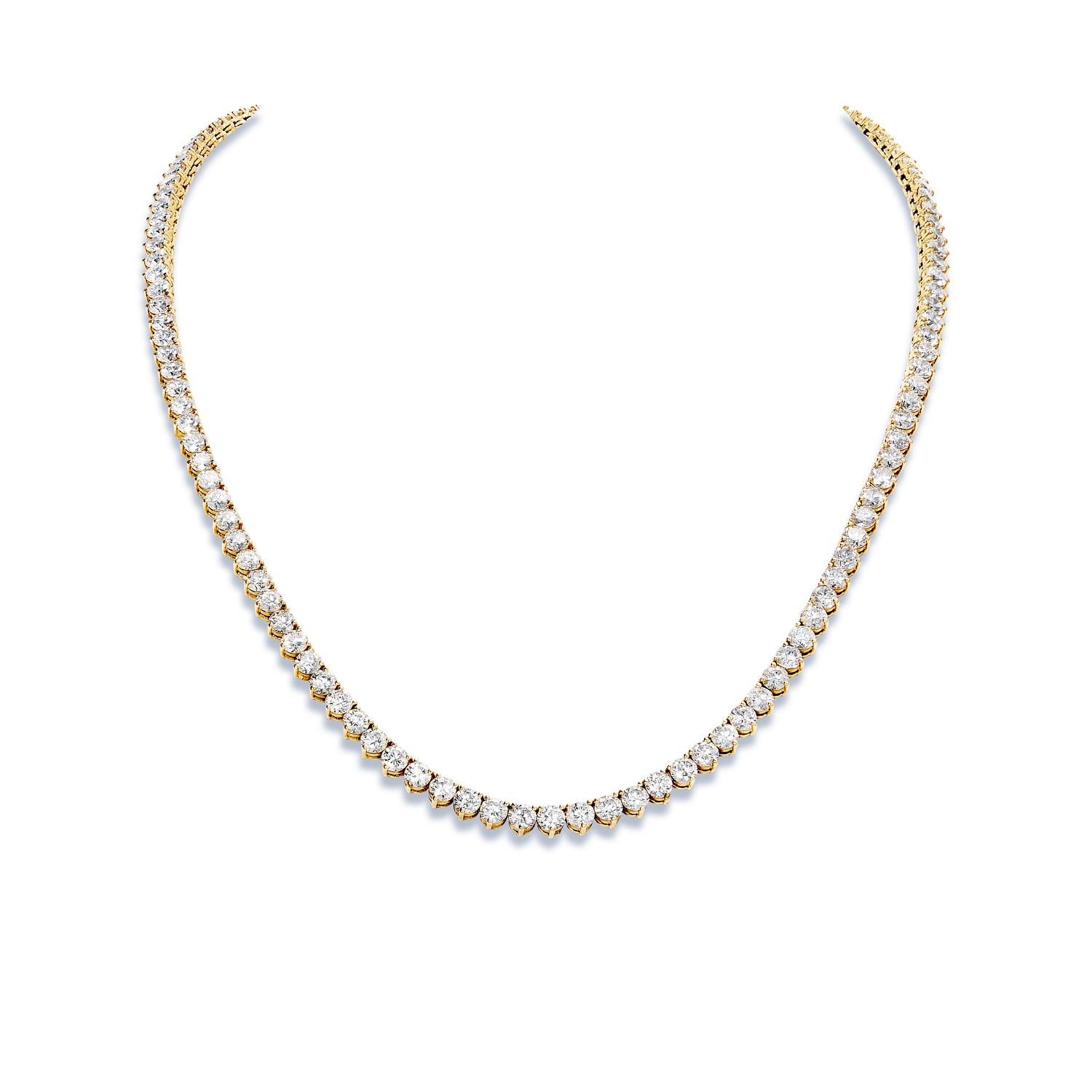 Earth Mined Diamond Opera Necklace:
Carat Weight: 47.10 Carats
Style: Round Brilliant Cut
Setting: 3 Prong
Chains: 14 Karat Yellow Gold 52.00 grams
Number of Diamonds: 154

Necklace length, 26 inches Long
