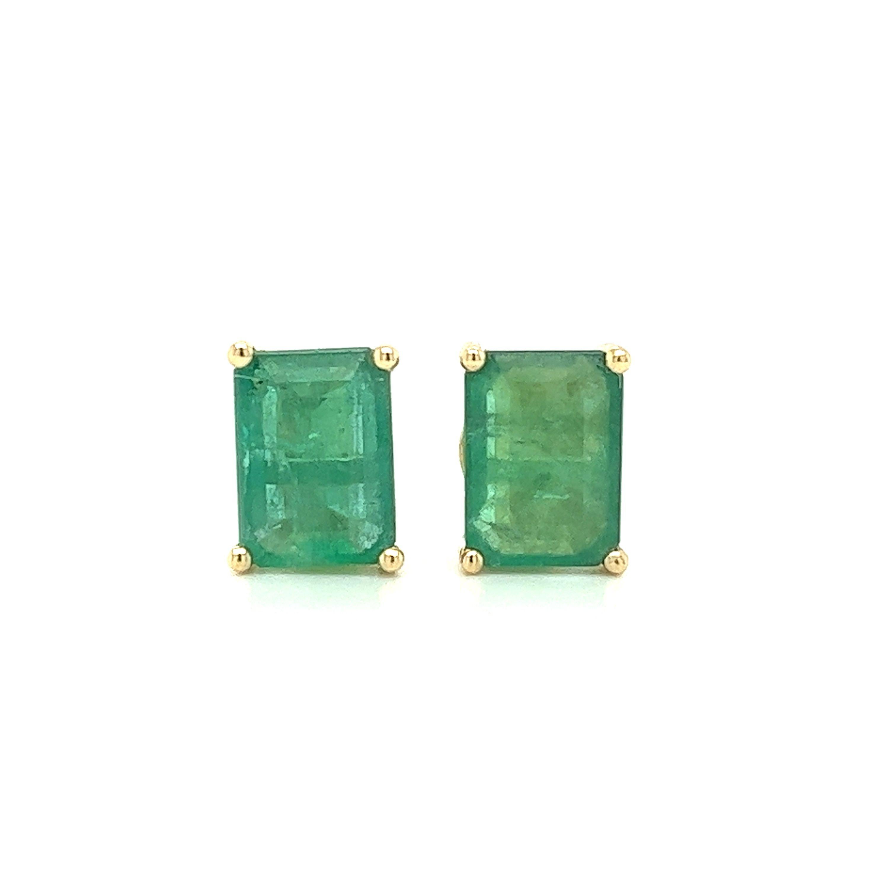 Emerald Cut 4.7 Carat Total Emerald Stud Earrings in 4-Prong 14k Solid Yellow Gold For Sale
