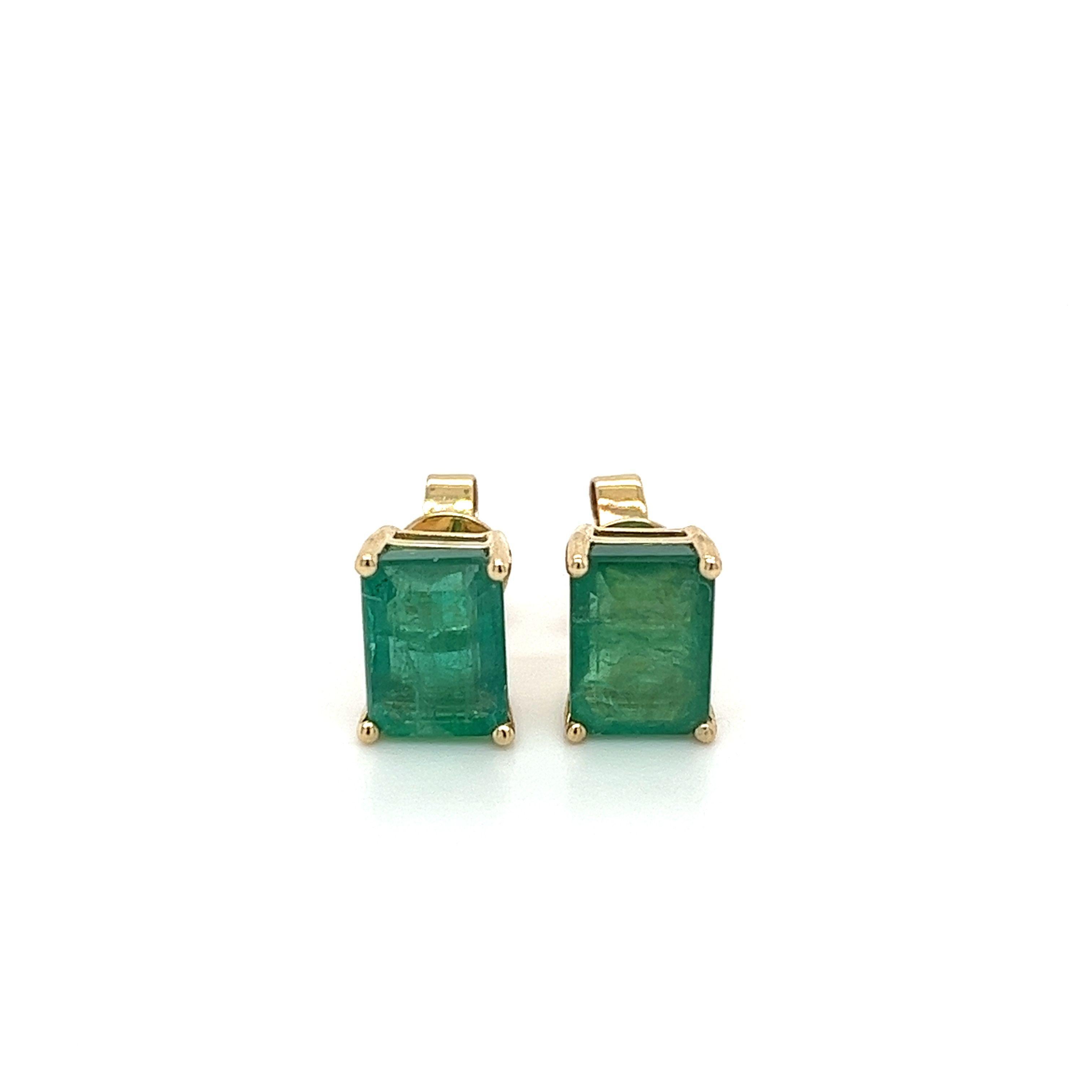 4.7 Carat Total Emerald Stud Earrings in 4-Prong 14k Solid Yellow Gold For Sale 3