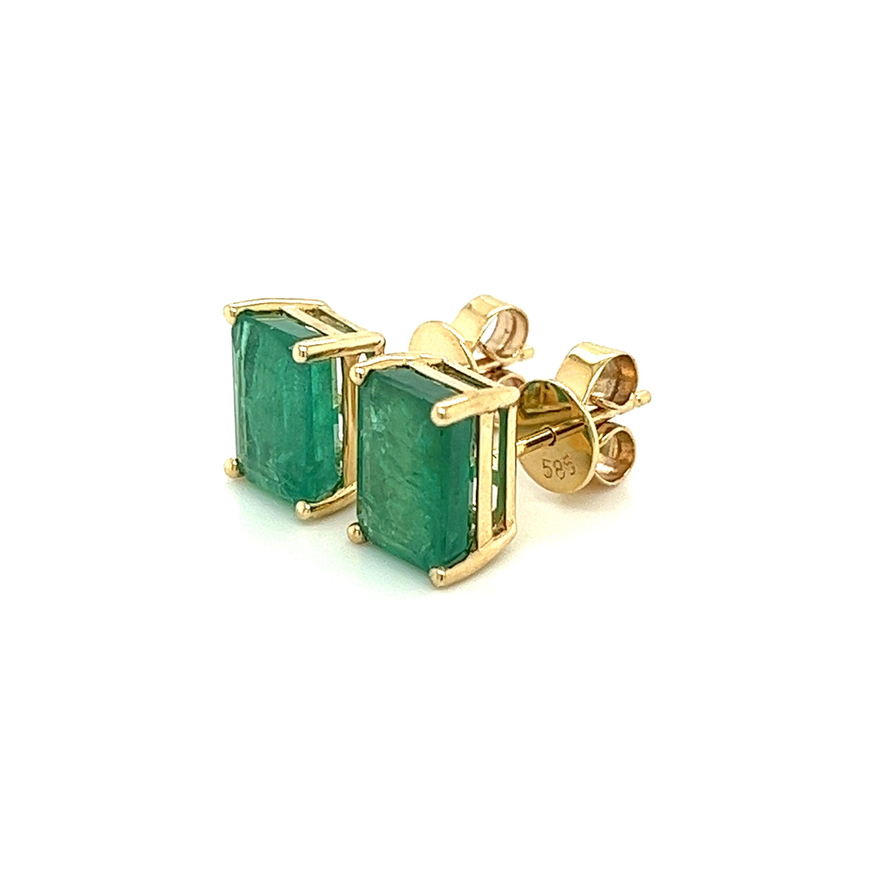 4.7 Carat Total Emerald Stud Earrings in 4-Prong 14k Solid Yellow Gold For Sale 4