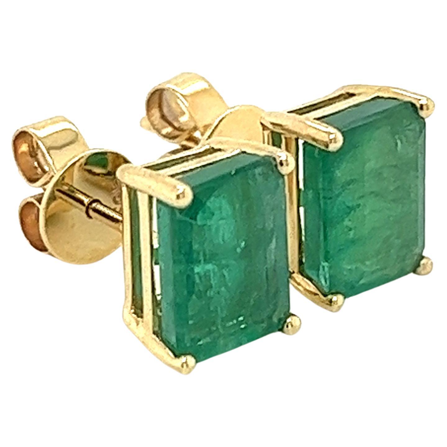 4.7 Carat Total Emerald Stud Earrings in 4-Prong 14k Solid Yellow Gold For Sale