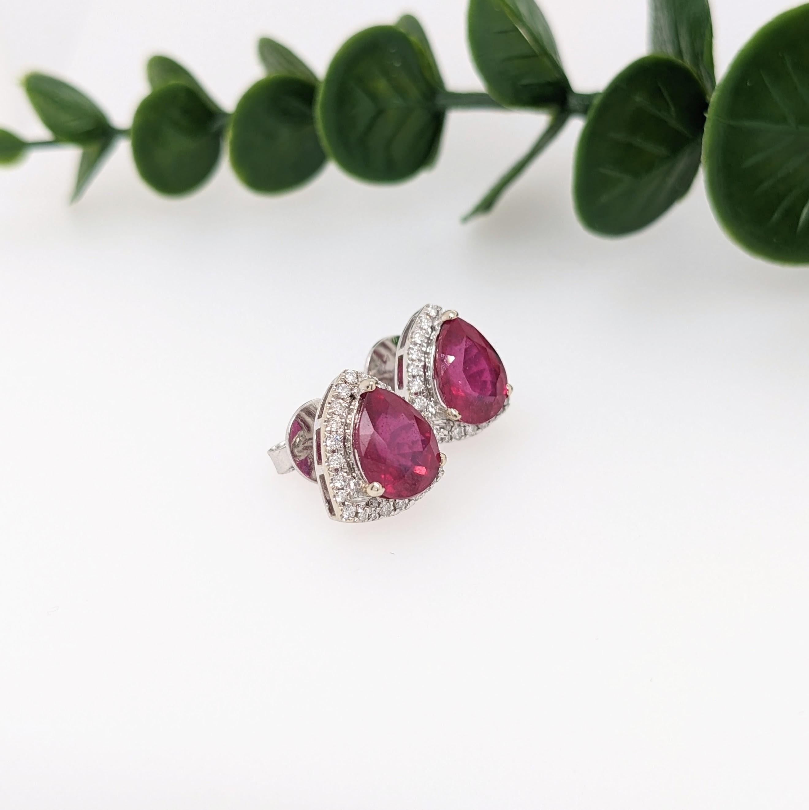Victorian 4.7 cts Ruby Studs in Solid 14K White Gold w Diamond Accents Pear 9x7mm For Sale