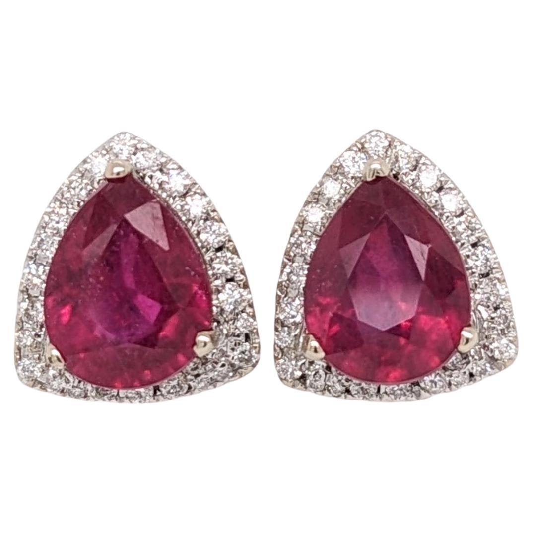 4.7 cts Ruby Studs in Solid 14K White Gold w Diamond Accents Pear 9x7mm For Sale