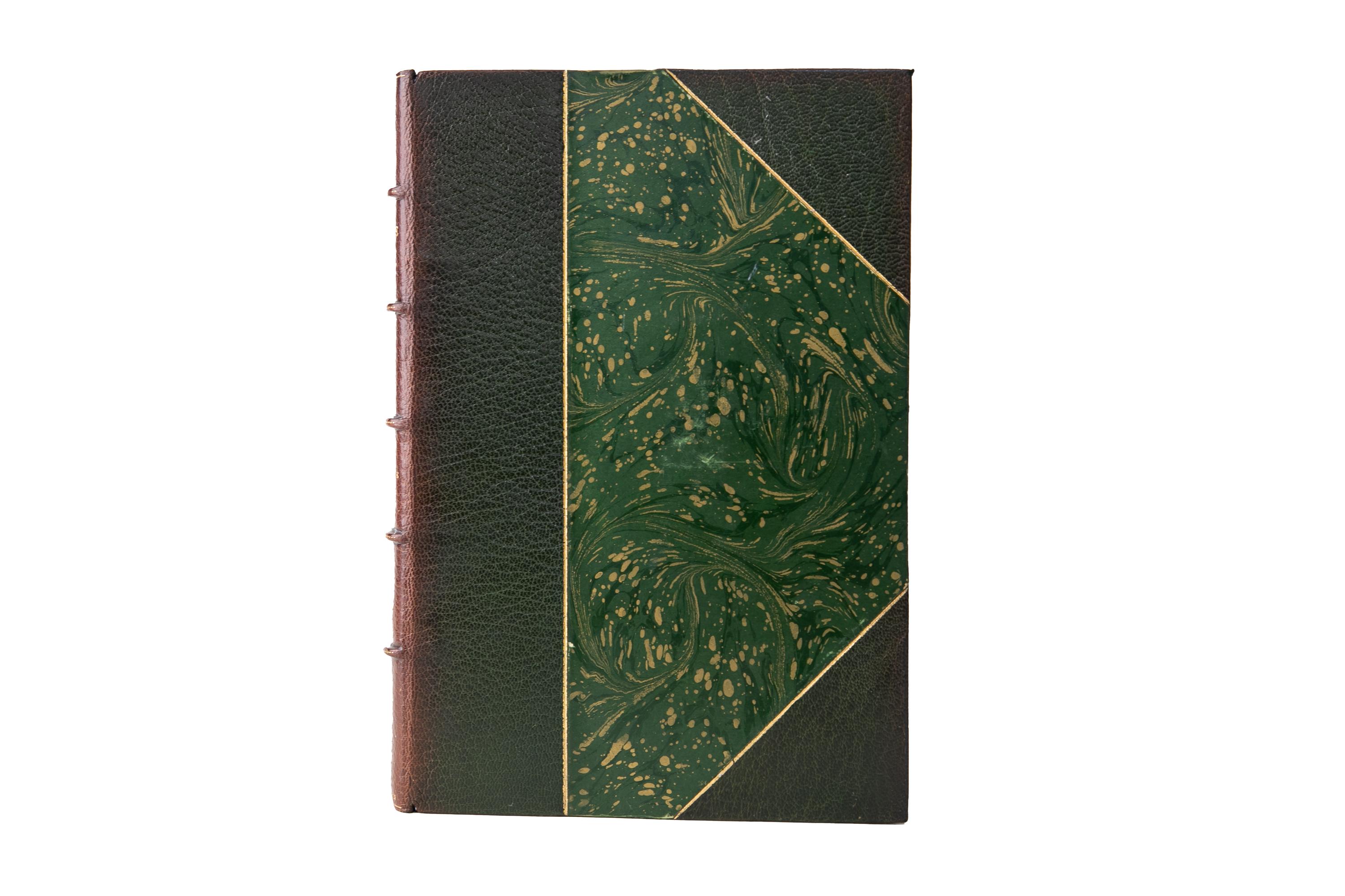 47 Volumes. Alexandre Dumas, The Complete Works. Edition de Médicis. Bound in 3/4 green morocco and marbled boards with the raised band spines decorated in gilt-tooling and faded to brown. The top edges are gilt with marbled endpapers. Illustrated
