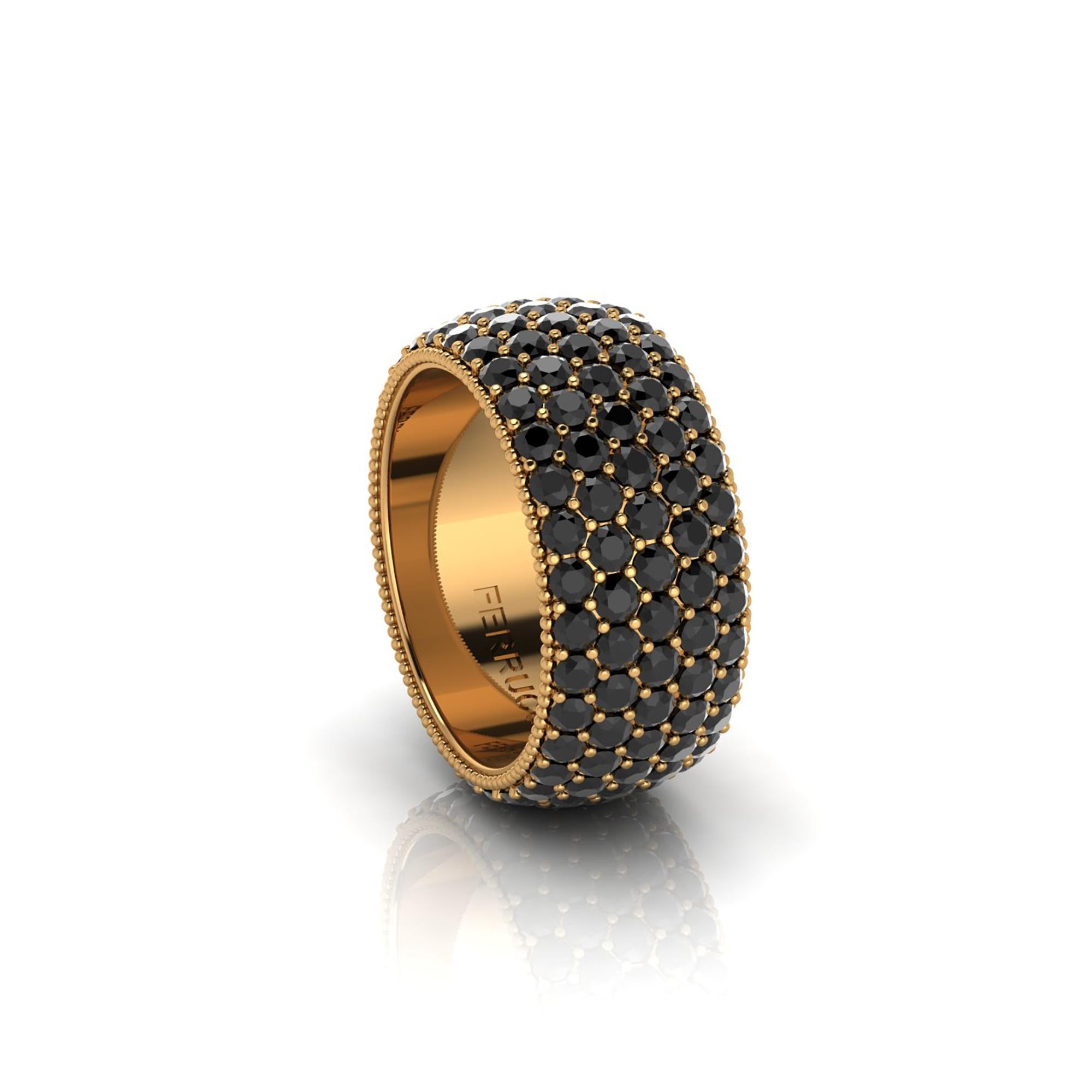 Wide diamond pave' ring, with a slightly dome feeling, a wrap of sparkling  black diamonds, for an approximate total carat weight of 4.70 carats, hand made in New York City by hand by  Italian master jeweler, conceived in 18k yellow gold 

This is a
