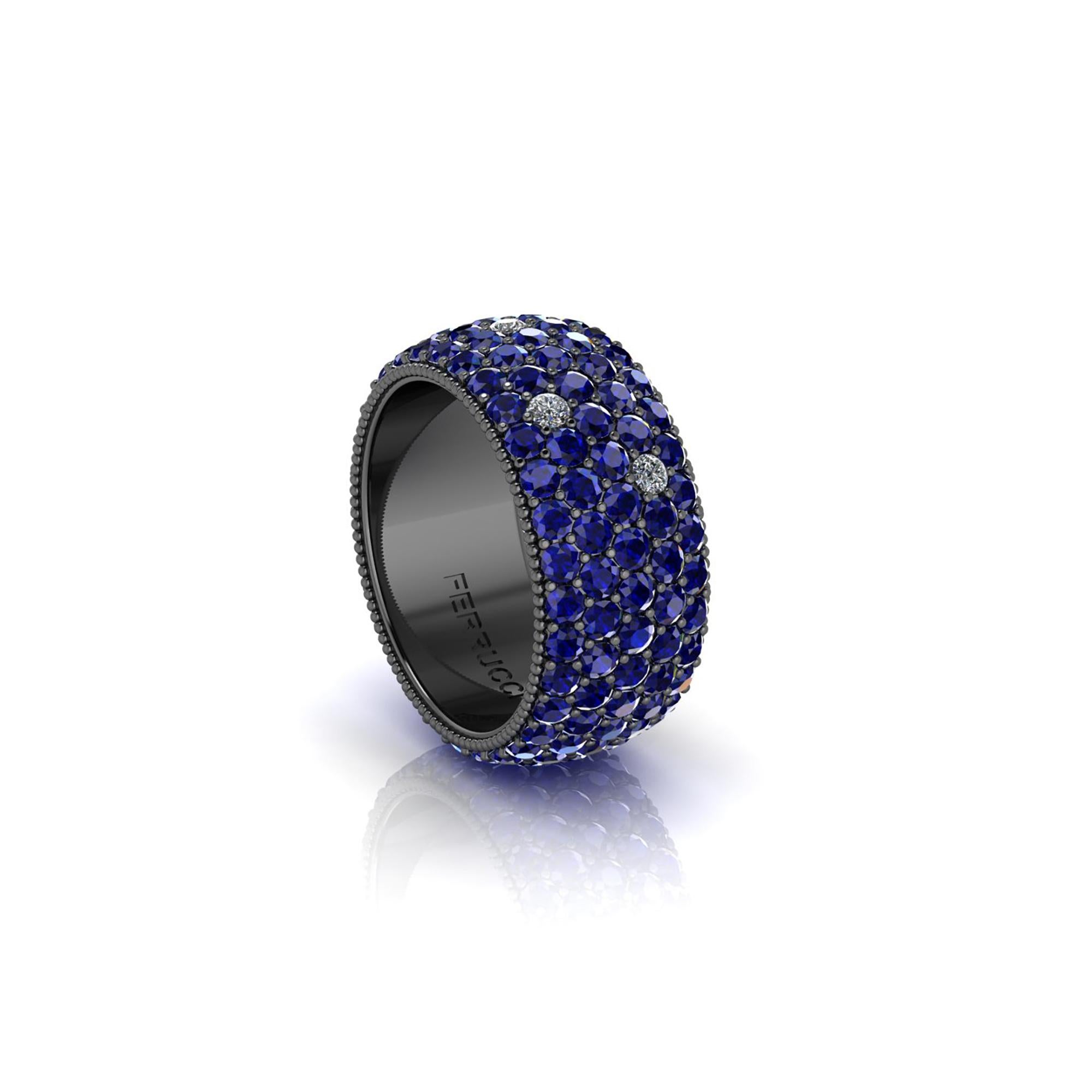 FERRUCCI Wide blue sapphires and diamonds band, with a slightly dome feeling, a wrap of sparkling intense blue sapphires, for an approximate sapphire's total carat weight of 4.70 carats, and 0.30 carats of white bright diamonds, hand made in New