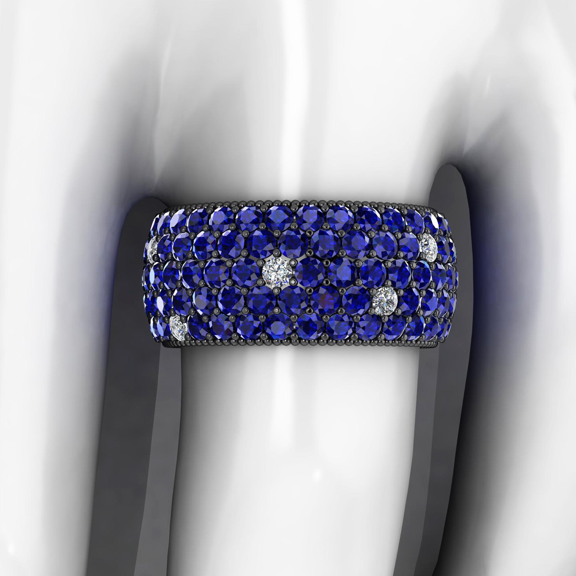 Round Cut 4.70 Carat Blue Sapphires and Diamonds Ring in 18 Karat Black Gold For Sale
