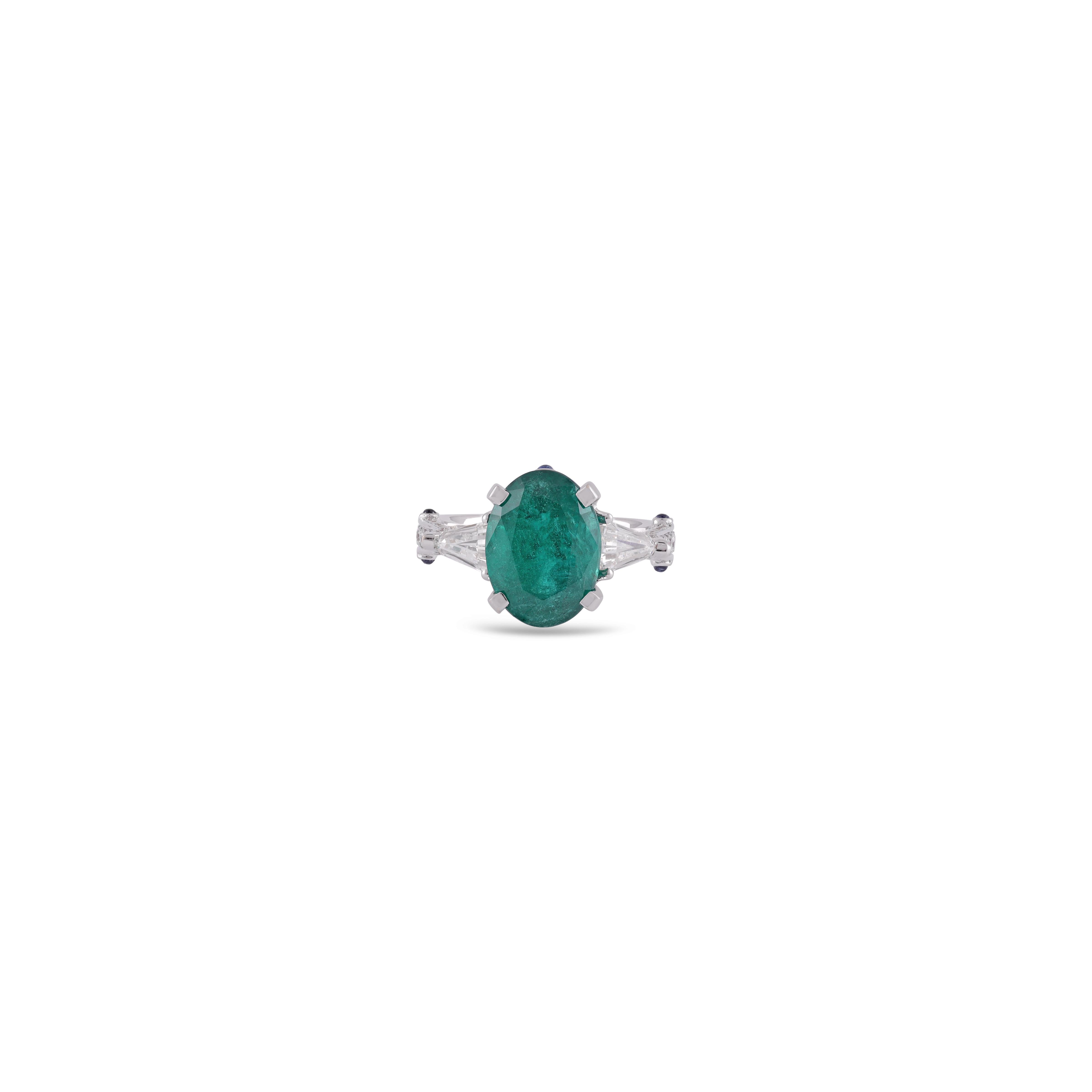 Emerald Cut 4.70 Carat Clear Zambian Emerald & Diamond Crown Ring in 18k White Gold For Sale