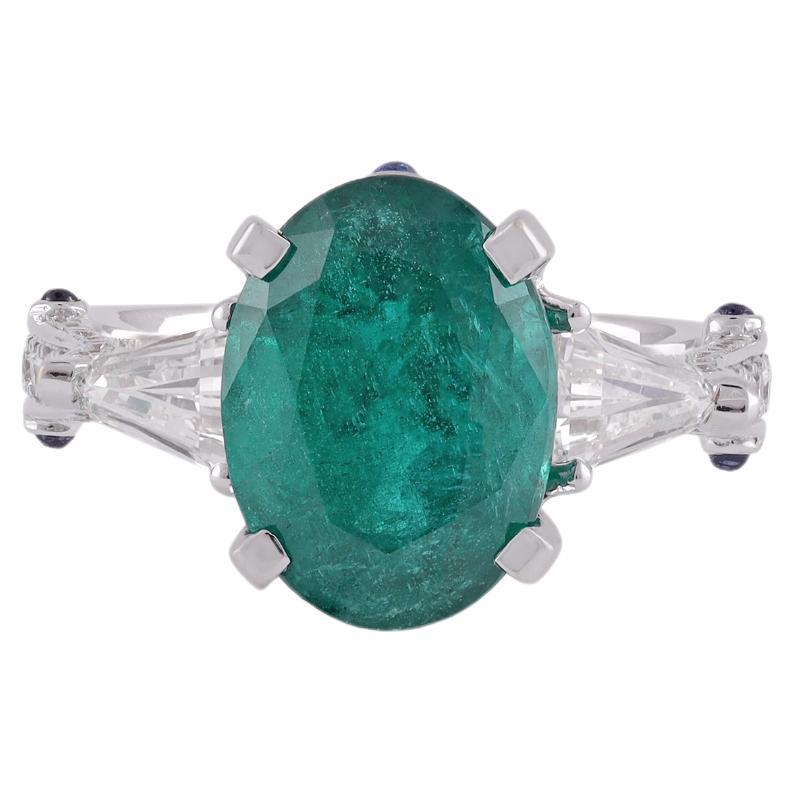 4.70 Carat Clear Zambian Emerald & Diamond Crown Ring in 18k White Gold For Sale