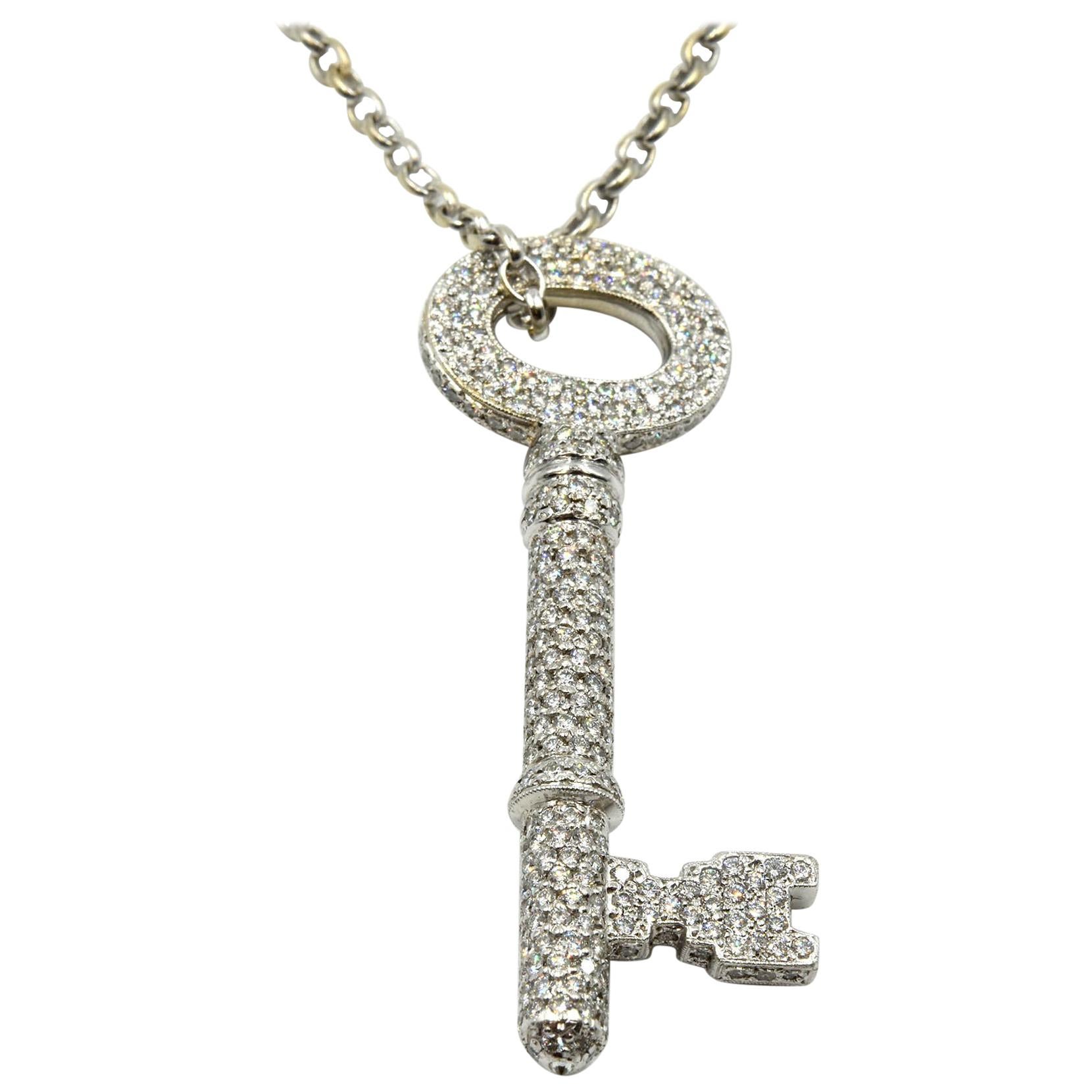 4.70 Carat Diamond Key Pendant on Necklace 18 Karat White Gold