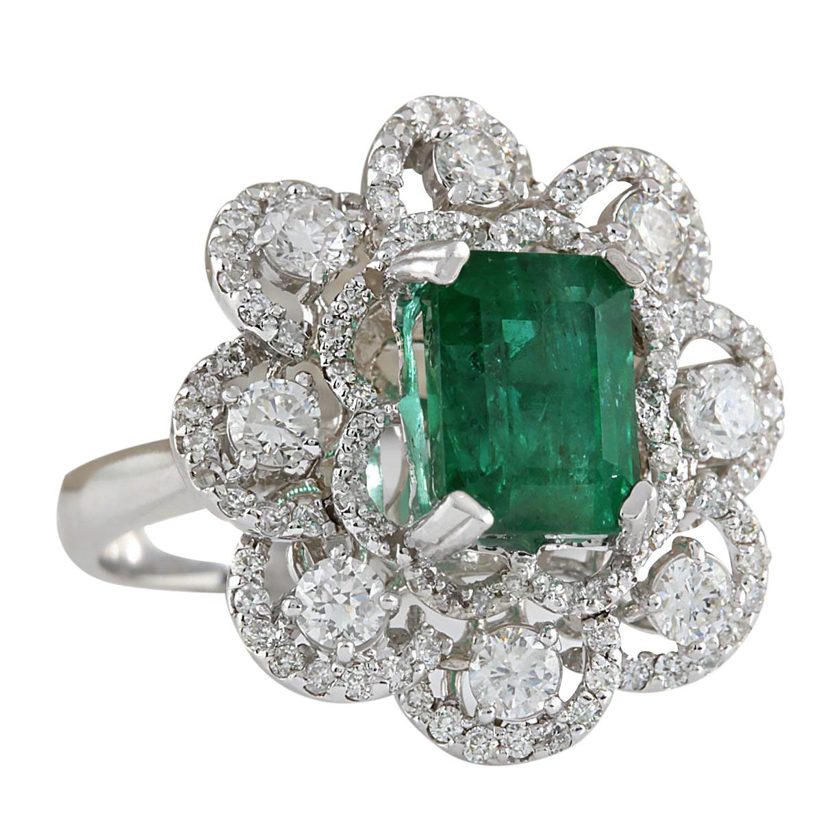 4.70 Carat Emerald 14 Karat White Gold Diamond Ring
Stamped: 14K White Gold
Total Ring Weight: 8.0 Grams
Total  Emerald Weight is 3.44 Carat (Measures: 9.00x7.00 mm)
Color: Green
Total  Diamond Weight is 1.26 Carat
Color: F-G, Clarity: VS2-SI1
Face