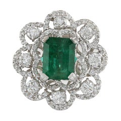 Natural Emerald Diamond Ring In 14 Karat White Gold
