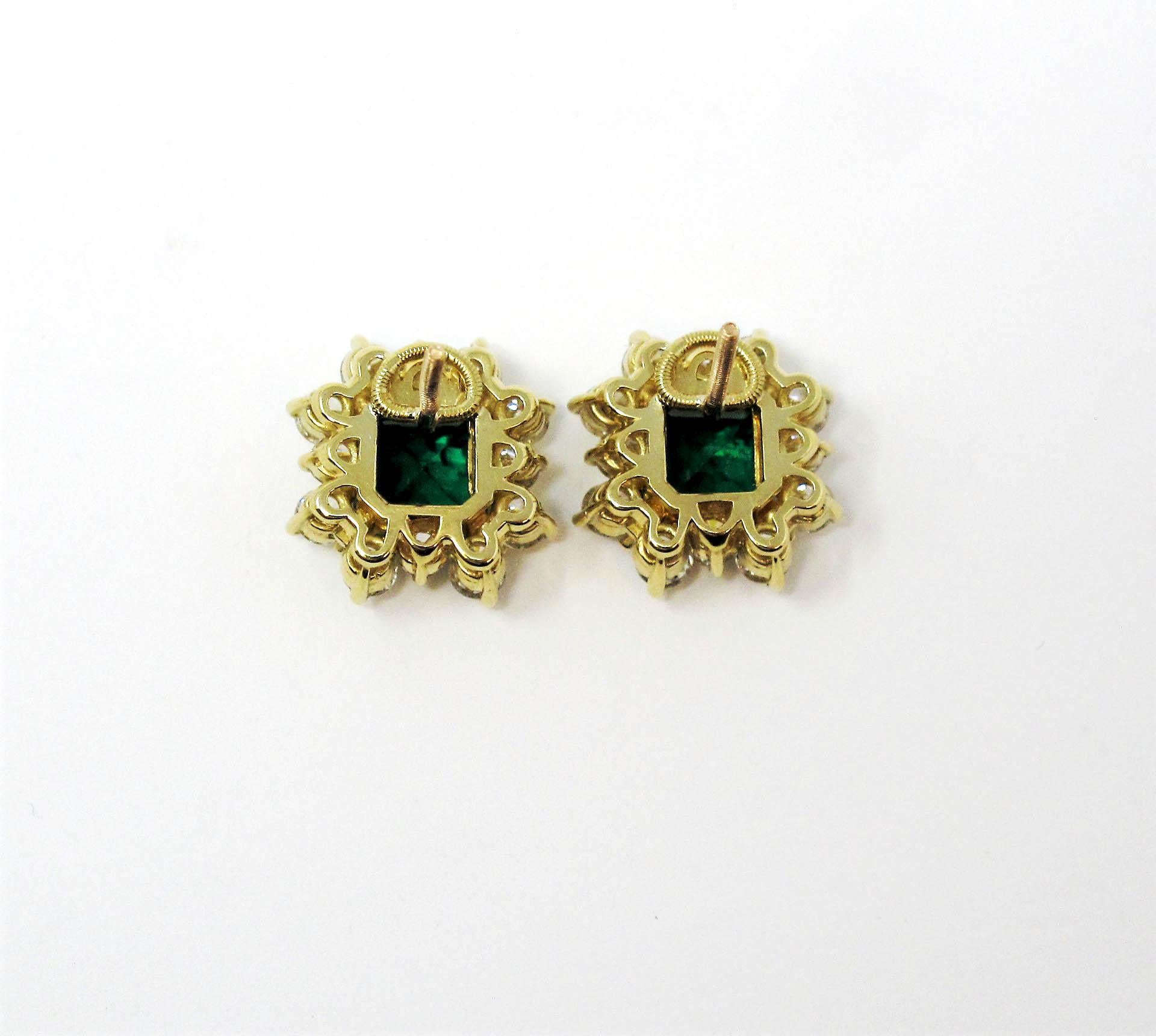 4.70 Carat Emerald Cut Emerald and Diamond Halo Stud Earrings 18 Karat Gold For Sale 5