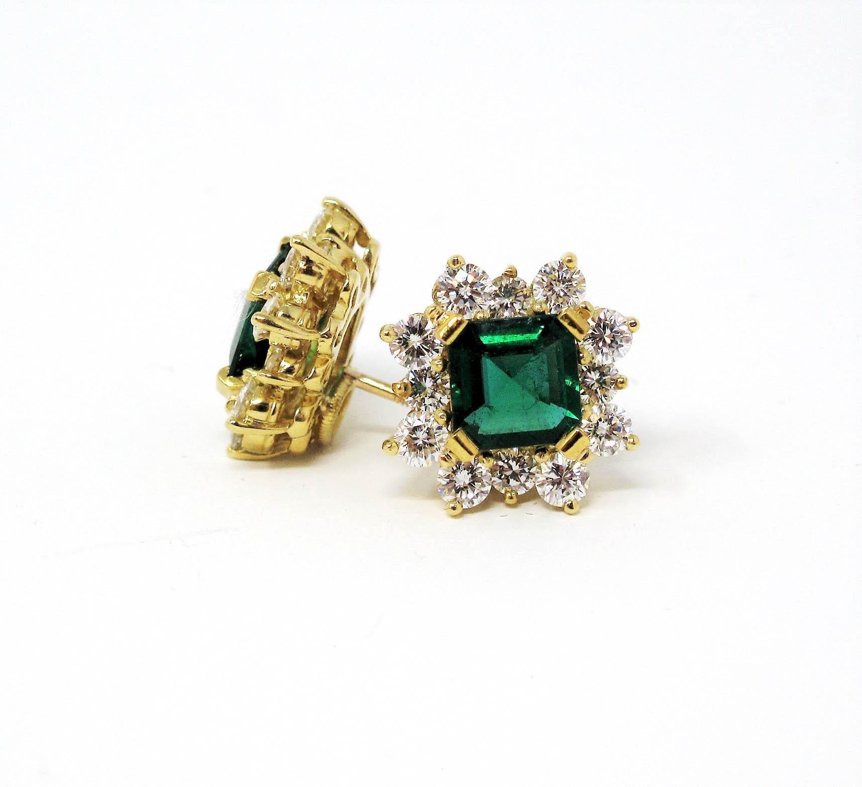 Contemporary 4.70 Carat Emerald Cut Emerald and Diamond Halo Stud Earrings 18 Karat Gold For Sale