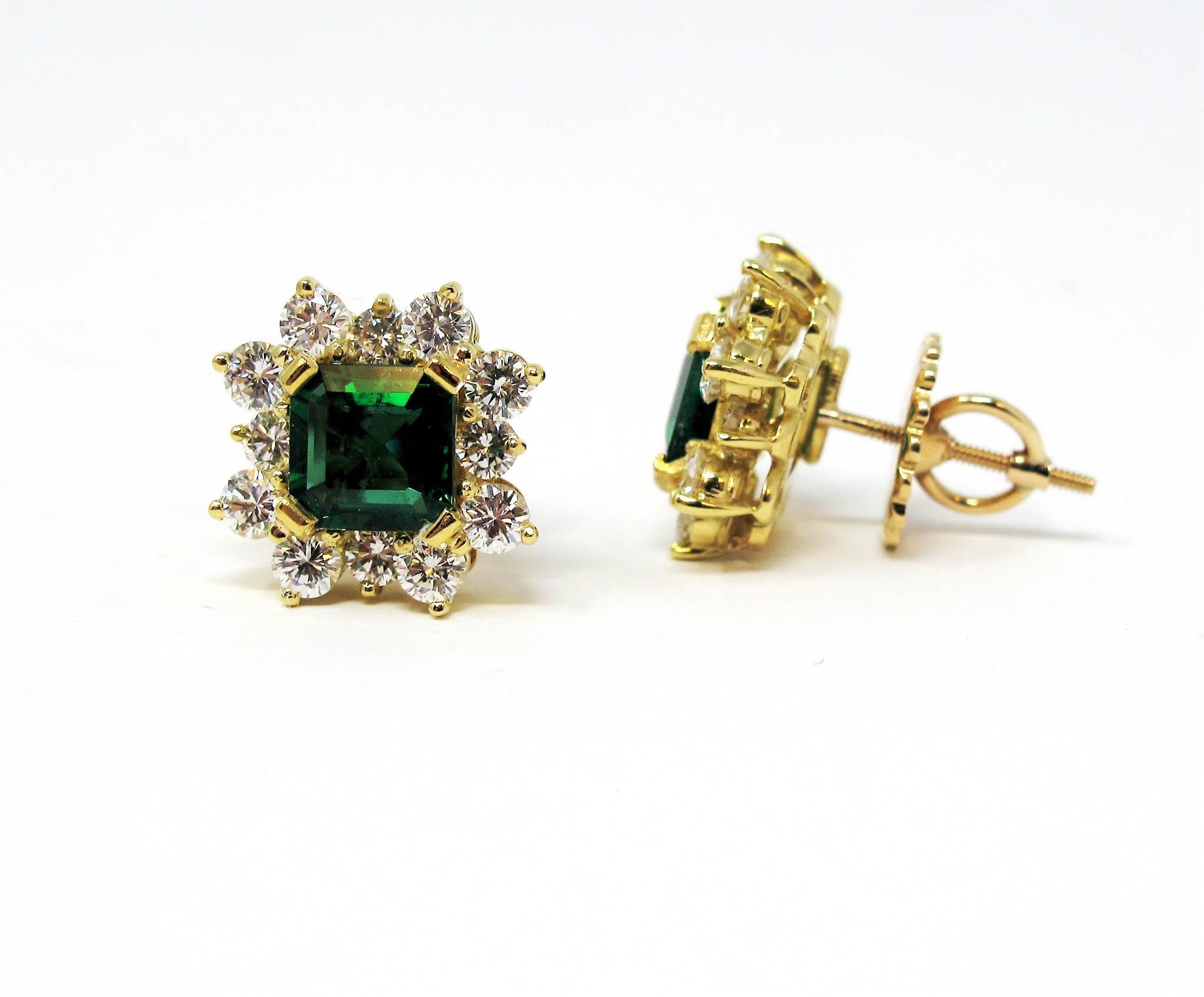 4.70 Carat Emerald Cut Emerald and Diamond Halo Stud Earrings 18 Karat Gold For Sale 1