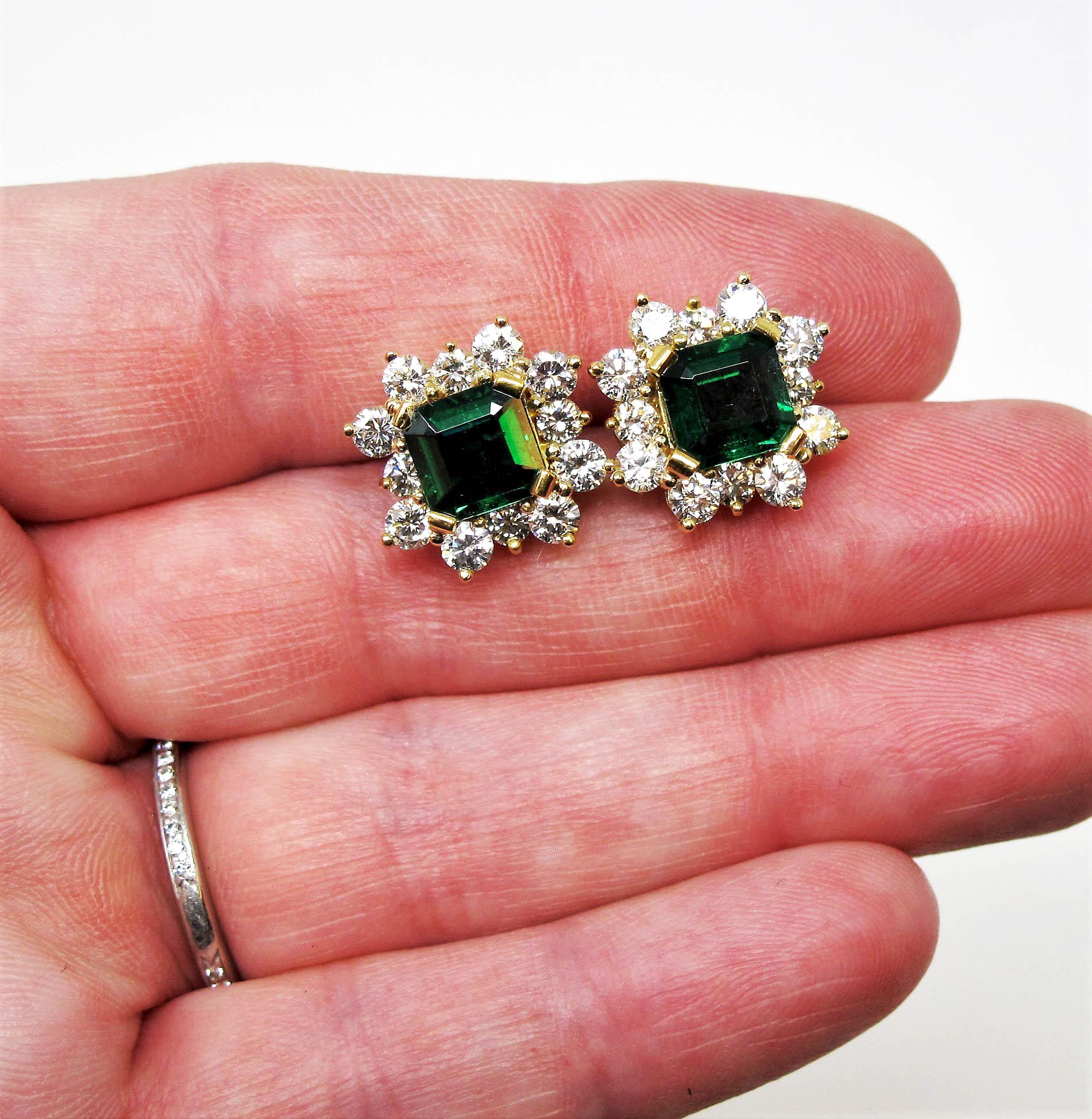 4.70 Carat Emerald Cut Emerald and Diamond Halo Stud Earrings 18 Karat Gold For Sale 4