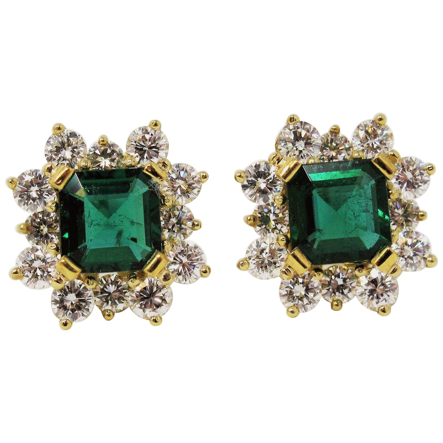 Emerald Cut Emerald and Diamond Halo Stud Earrings at 1stDibs | emerald ...