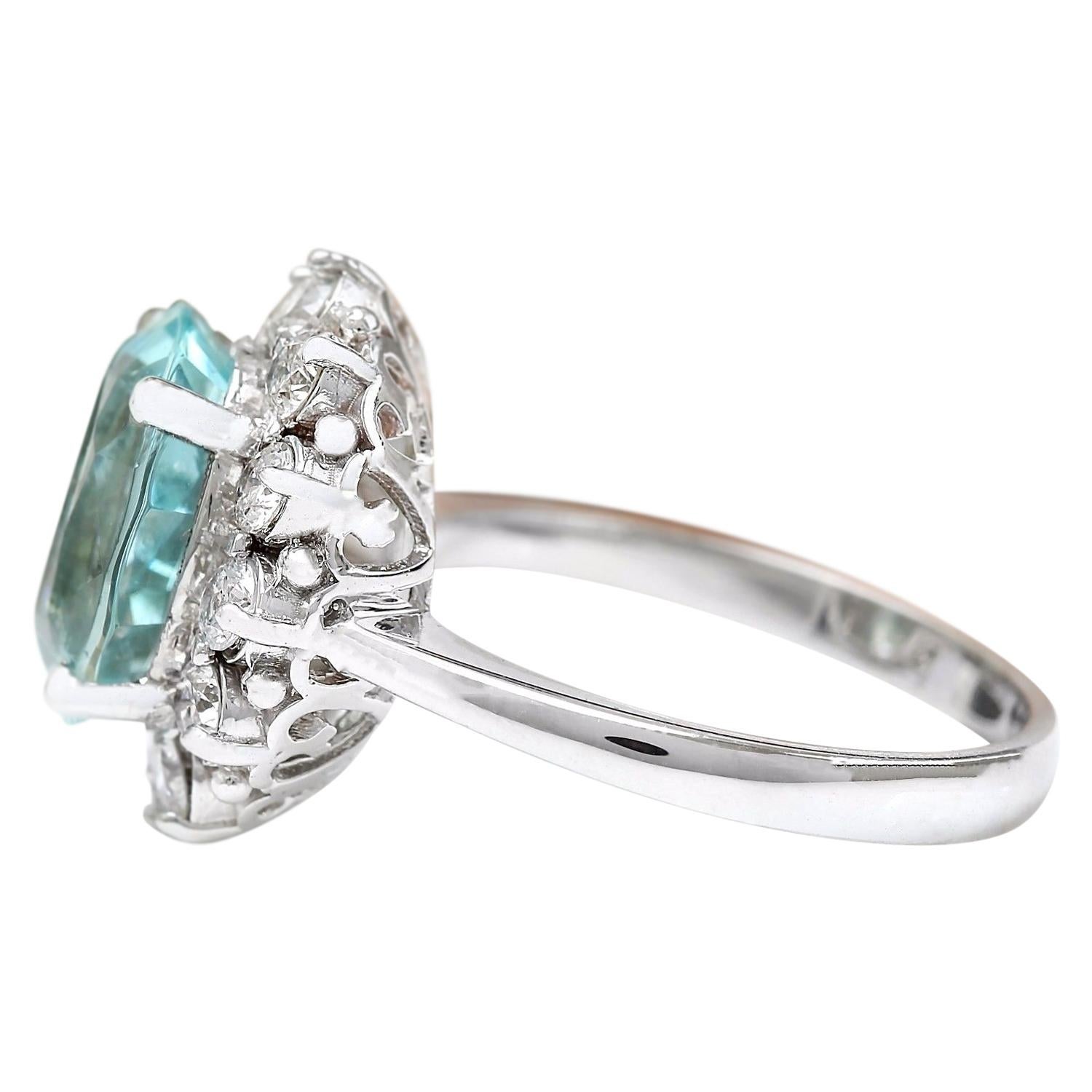 Oval Cut Natural Aquamarine Diamond Ring In 14 Karat Solid White Gold  For Sale
