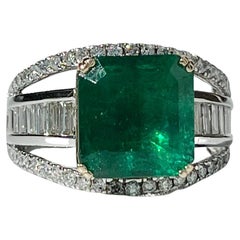 4.70 Carat Natural Emerald and Baguette Diamond 14k White Gold Art Deco Ring