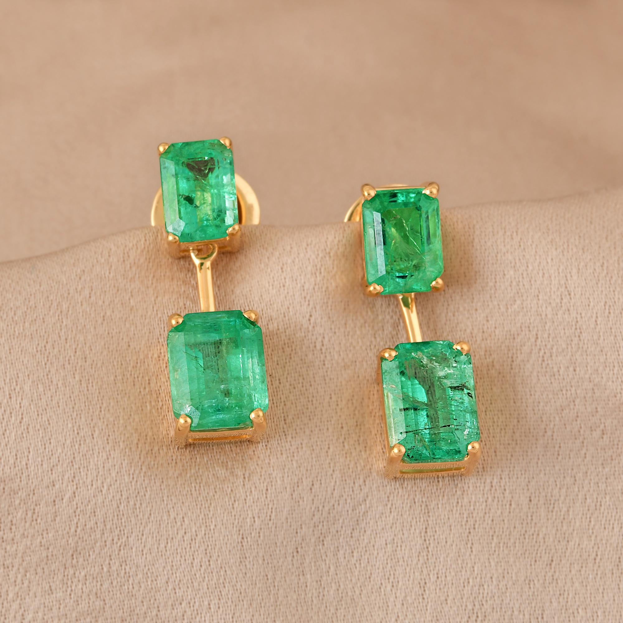 Modern 4.70 Carat Octagon Natural Emerald Dangle Earrings 18k Yellow Gold Fine Jewelry