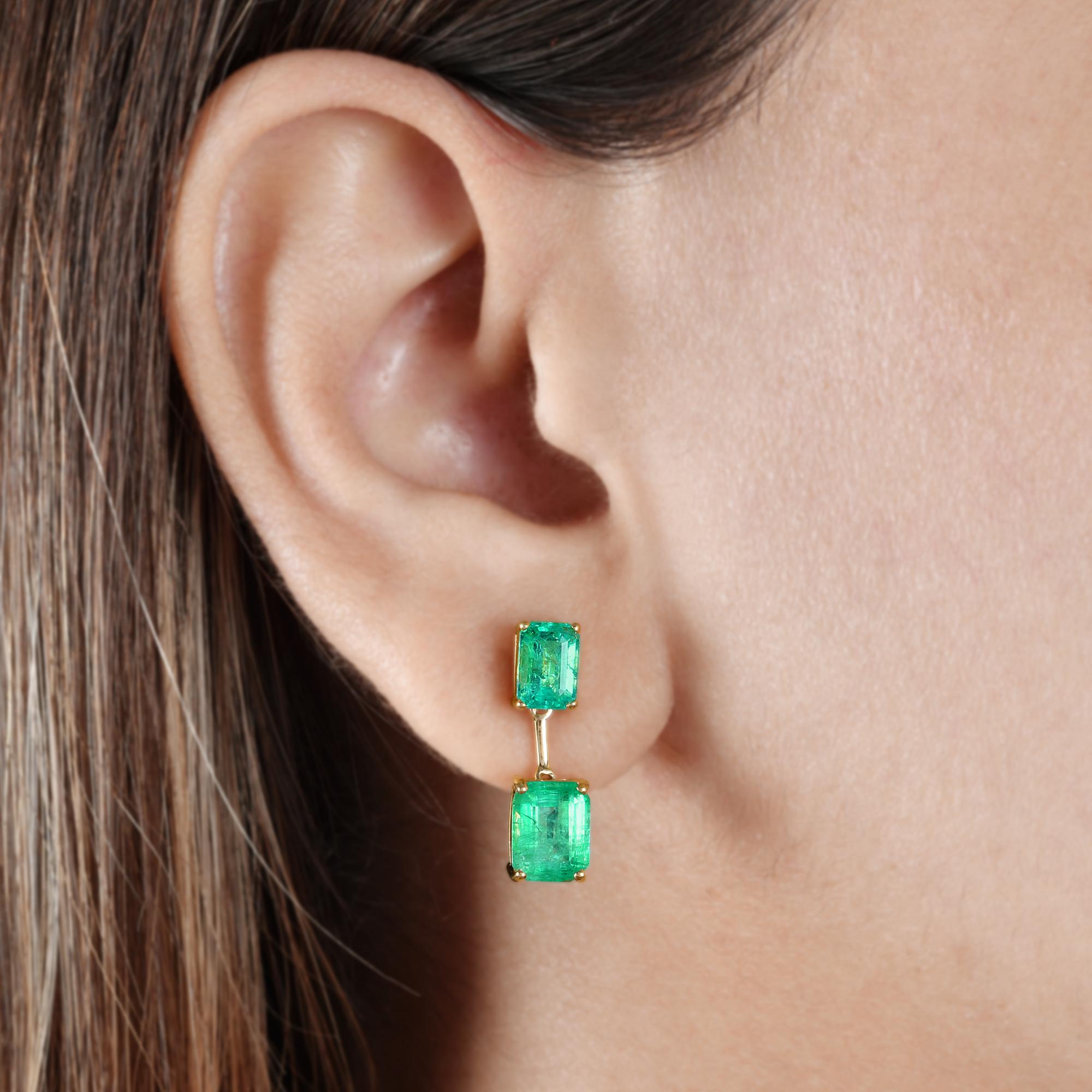 Octagon Cut 4.70 Carat Octagon Natural Emerald Dangle Earrings 18k Yellow Gold Fine Jewelry