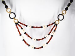 4.70 Carat White Diamond Peridot Red Coral Onyx Pearl Yellow Gold Drop Necklace