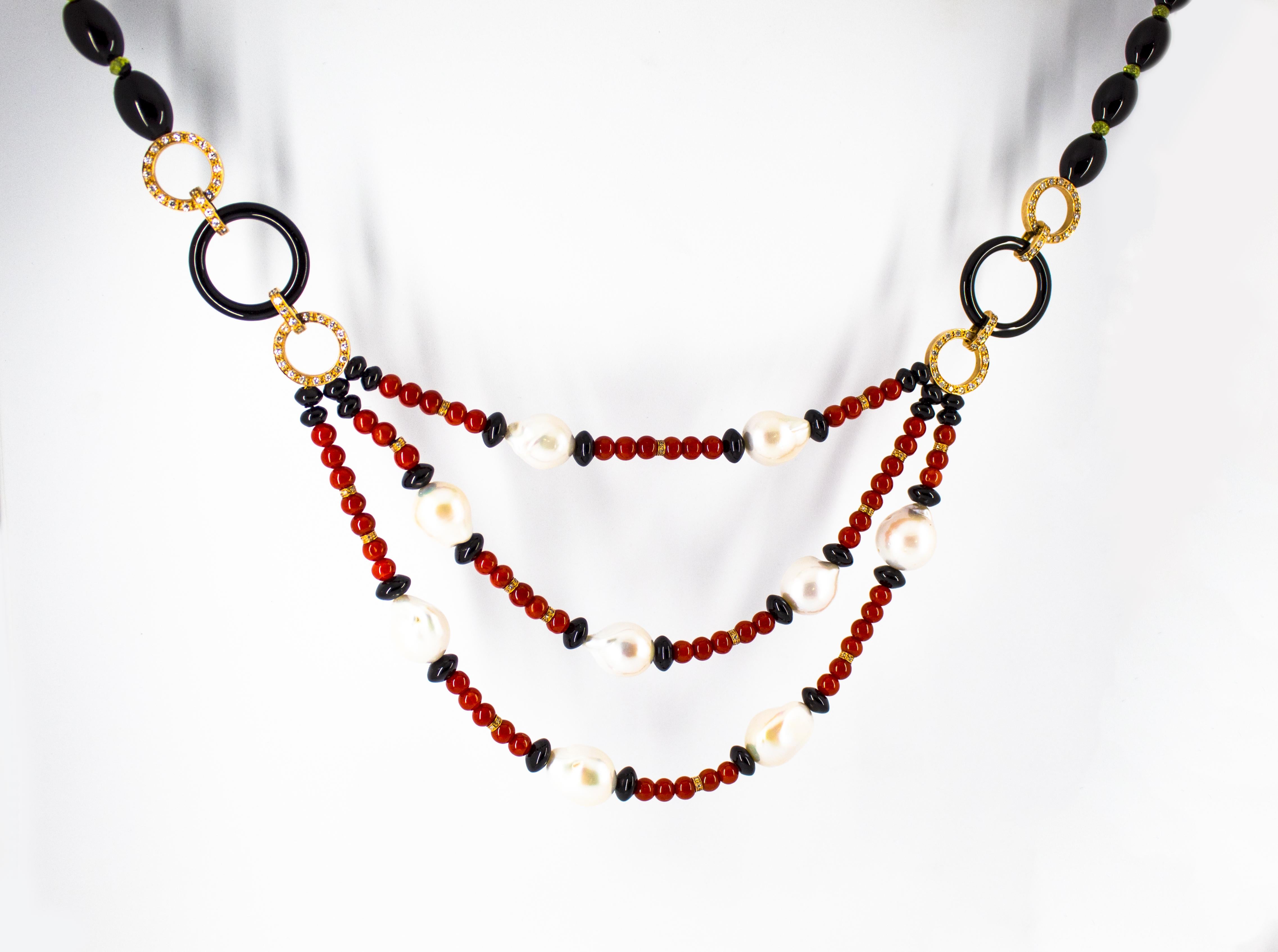 Modern 4.70 Carat White Diamond Peridot Red Coral Onyx Pearl Yellow Gold Drop Necklace For Sale