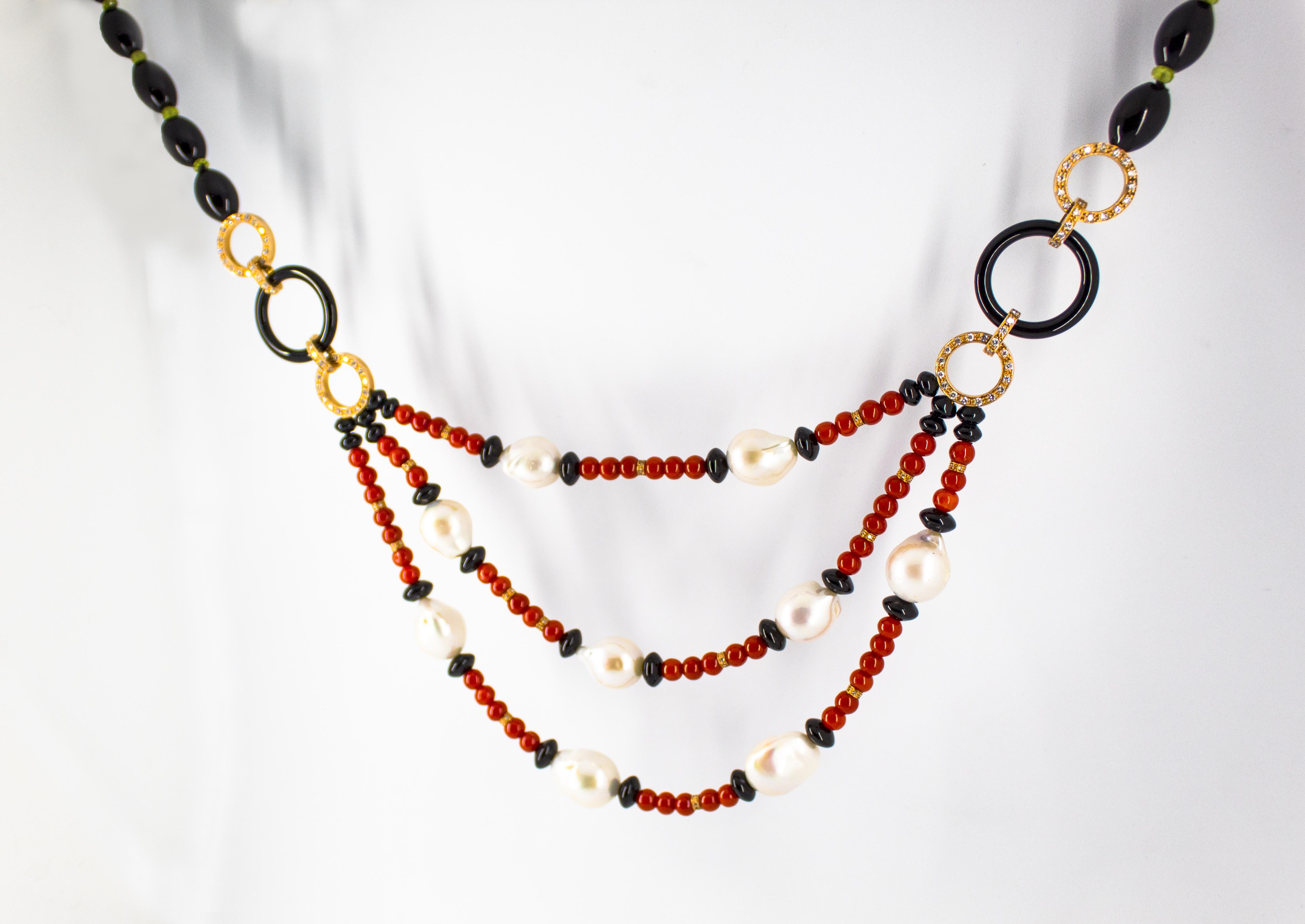 Brilliant Cut 4.70 Carat White Diamond Peridot Red Coral Onyx Pearl Yellow Gold Drop Necklace For Sale