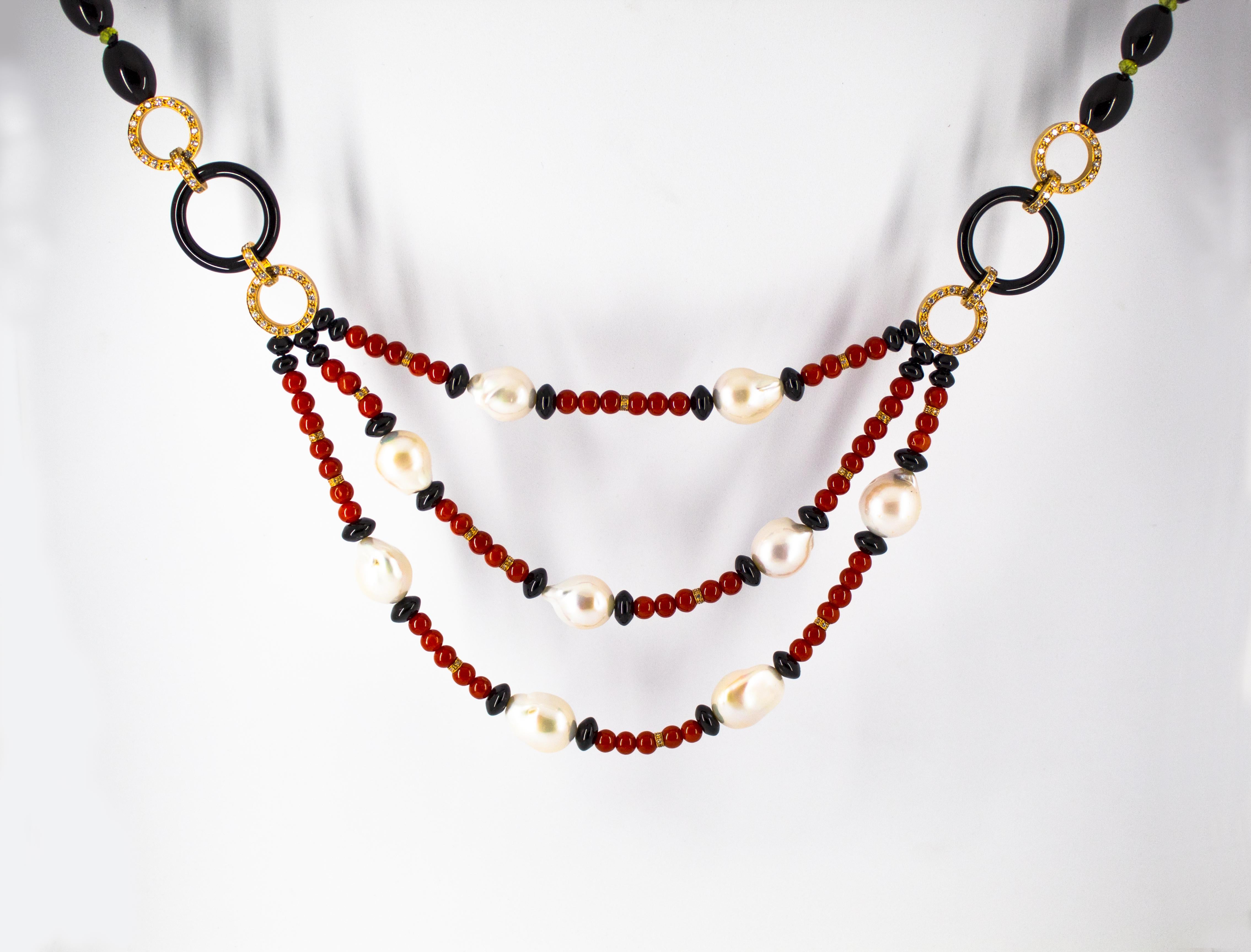4,70 Karat Weißer Diamant Peridot Rote Koralle Onyx Perle Gelbgold Tropfen-Halskette im Zustand „Neu“ im Angebot in Naples, IT