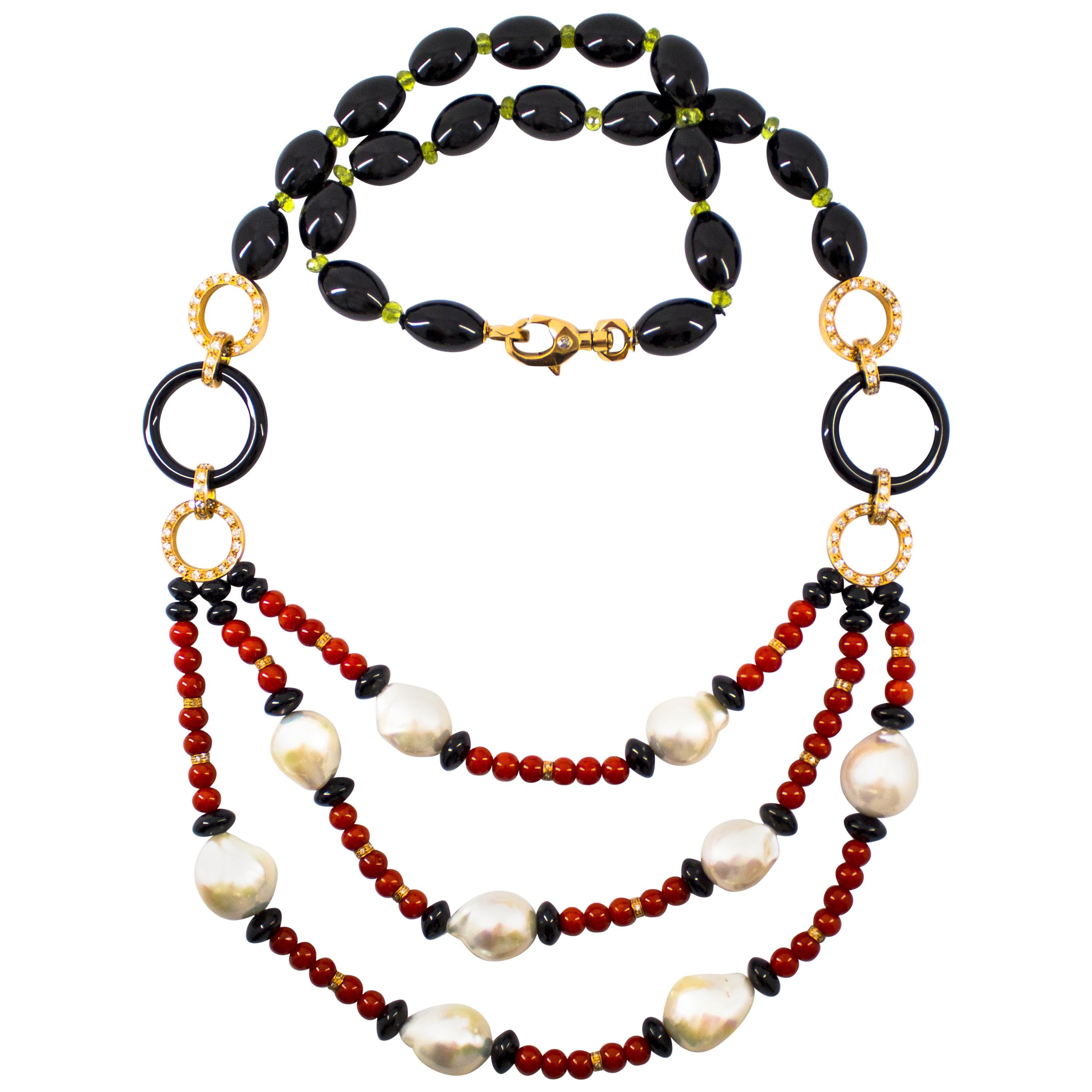 4.70 Carat White Diamond Peridot Red Coral Onyx Pearl Yellow Gold Drop Necklace For Sale