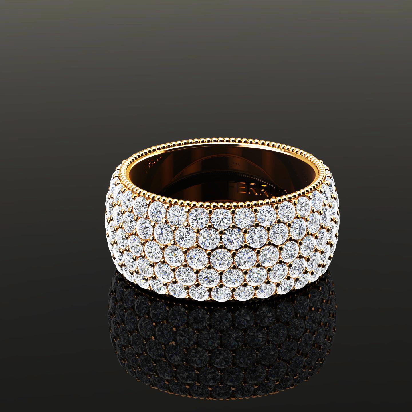 Modern 4.70 Carat Wide White Diamond Pave Ring in 18 Karat Yellow Gold For Sale
