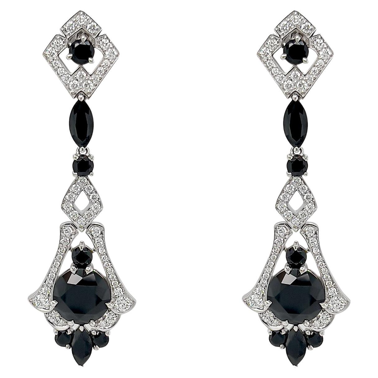 4.70 Carats Black Spinel and Diamond Earrings in 18k White Gold 