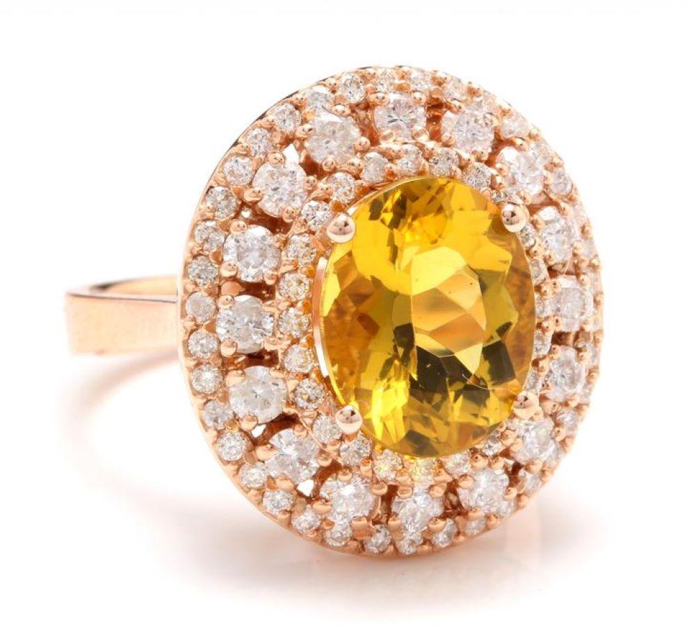4.70 Carats Impressive Natural Yellow Beryl and Diamond 14K Solid Rose Gold Ring

Suggested Replacement Value: Approx. $7,300.00

Total Beryl Weight is: Approx. 3.35 Carats

Beryl Treatment: Heating

Beryl Measures: Approx. 11.00 x 9.00mm

Natural