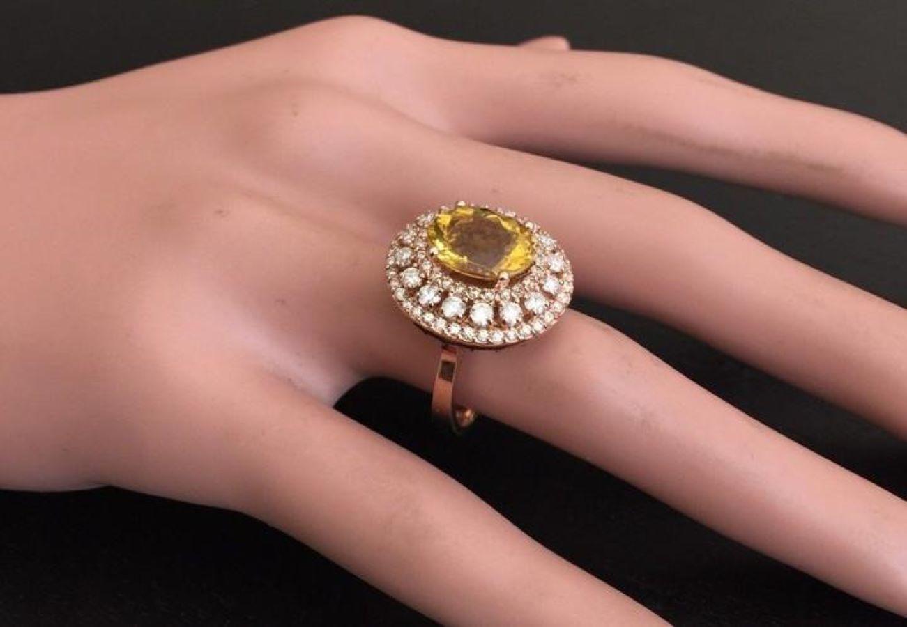 4.70 Carats Impressive Natural Yellow Beryl and Diamond 14K Solid Rose Gold Ring For Sale 1