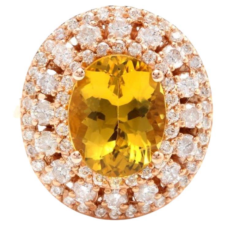 Bague impressionnante en or rose massif 14 carats avec béryl jaune naturel de 4,70 carats et diamants