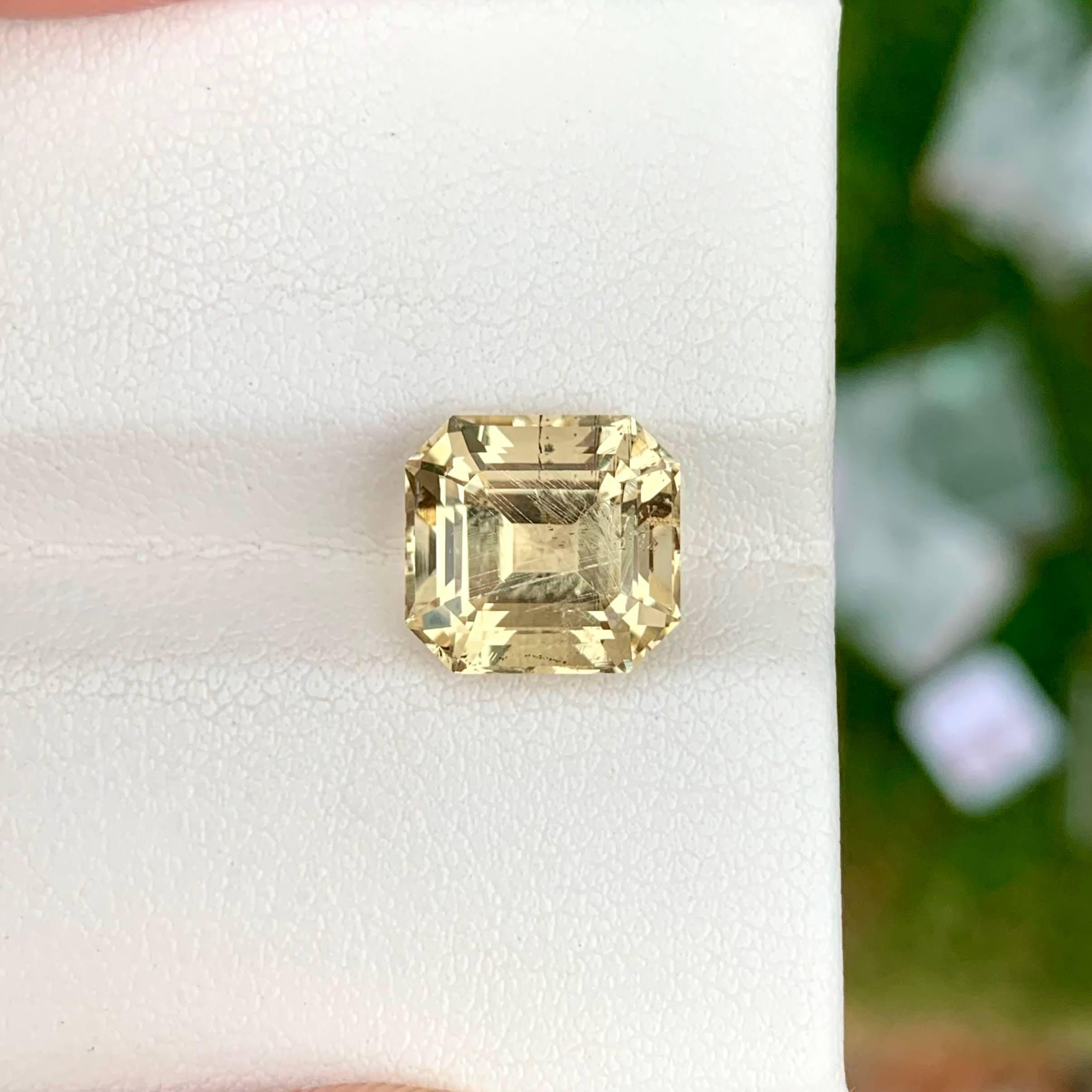 Women's or Men's 4.70 Carats Light Yellow Scapolite Stone Asscher Cut Tanzanian Gemstone For Sale