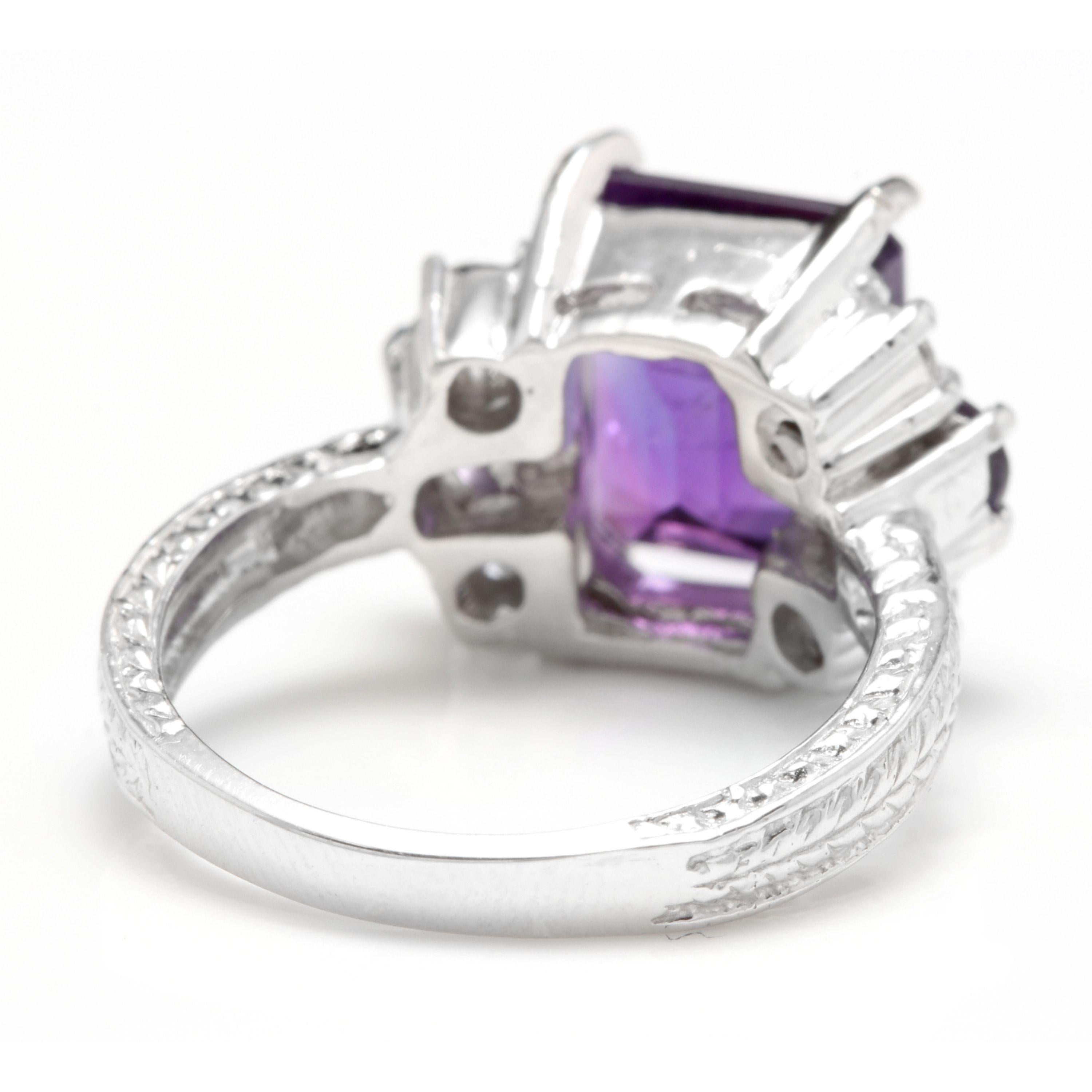 Mixed Cut 4.70 Carat Natural Amethyst and Diamond 14 Karat Solid White Gold Ring For Sale