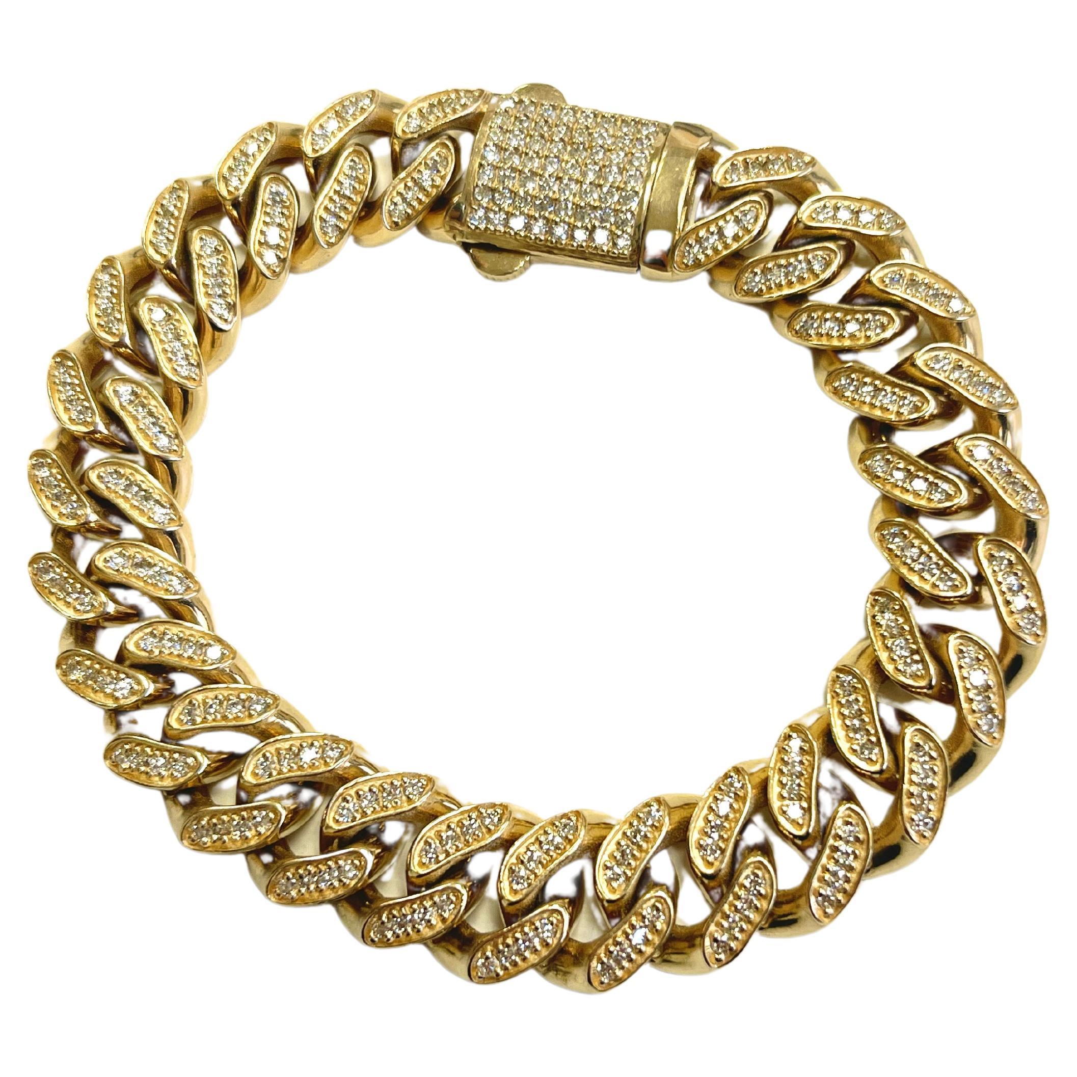 4.70 Carats Natural Diamond Cuban Link Bracelet in 14K Yellow Gold For Sale