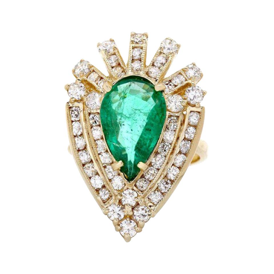 2 Carat Cabochon Cut Natural Emerald and Diamond in textured 14K Yellow ...