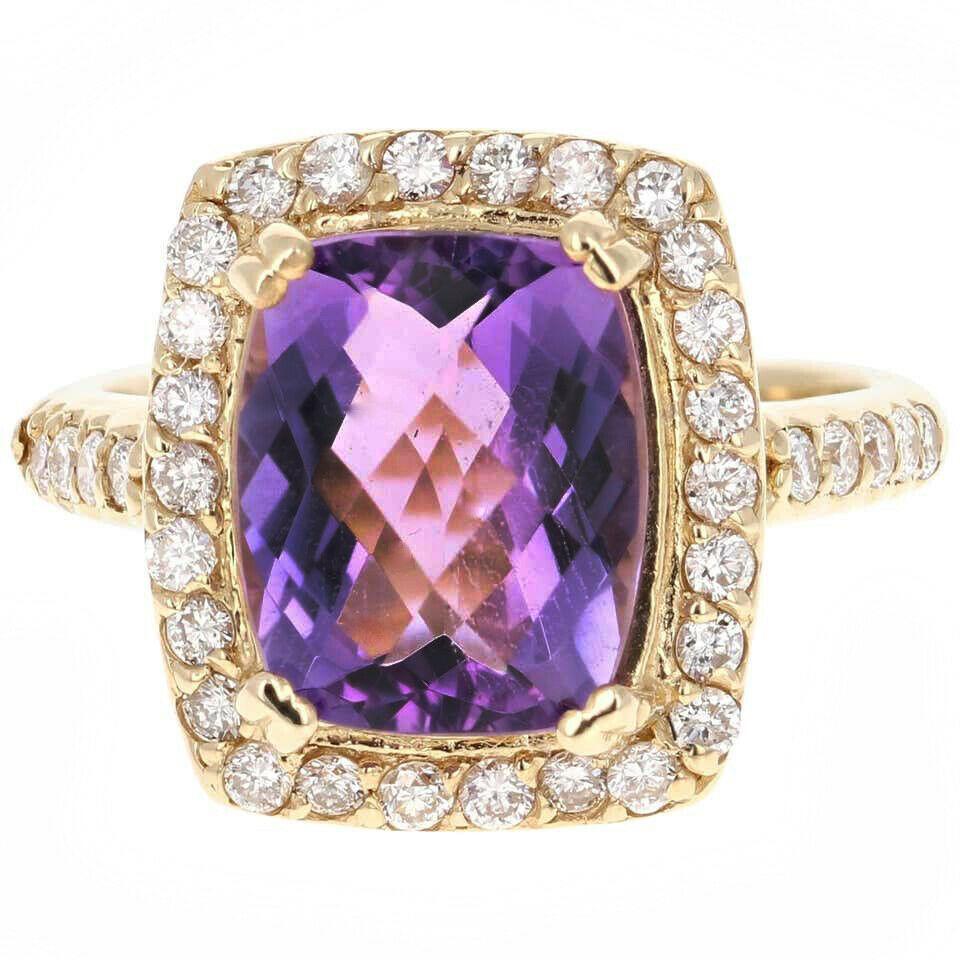 4.70 Carat Natural Impressive Amethyst and Diamond 14 Karat Yellow Gold Ring In New Condition For Sale In Los Angeles, CA